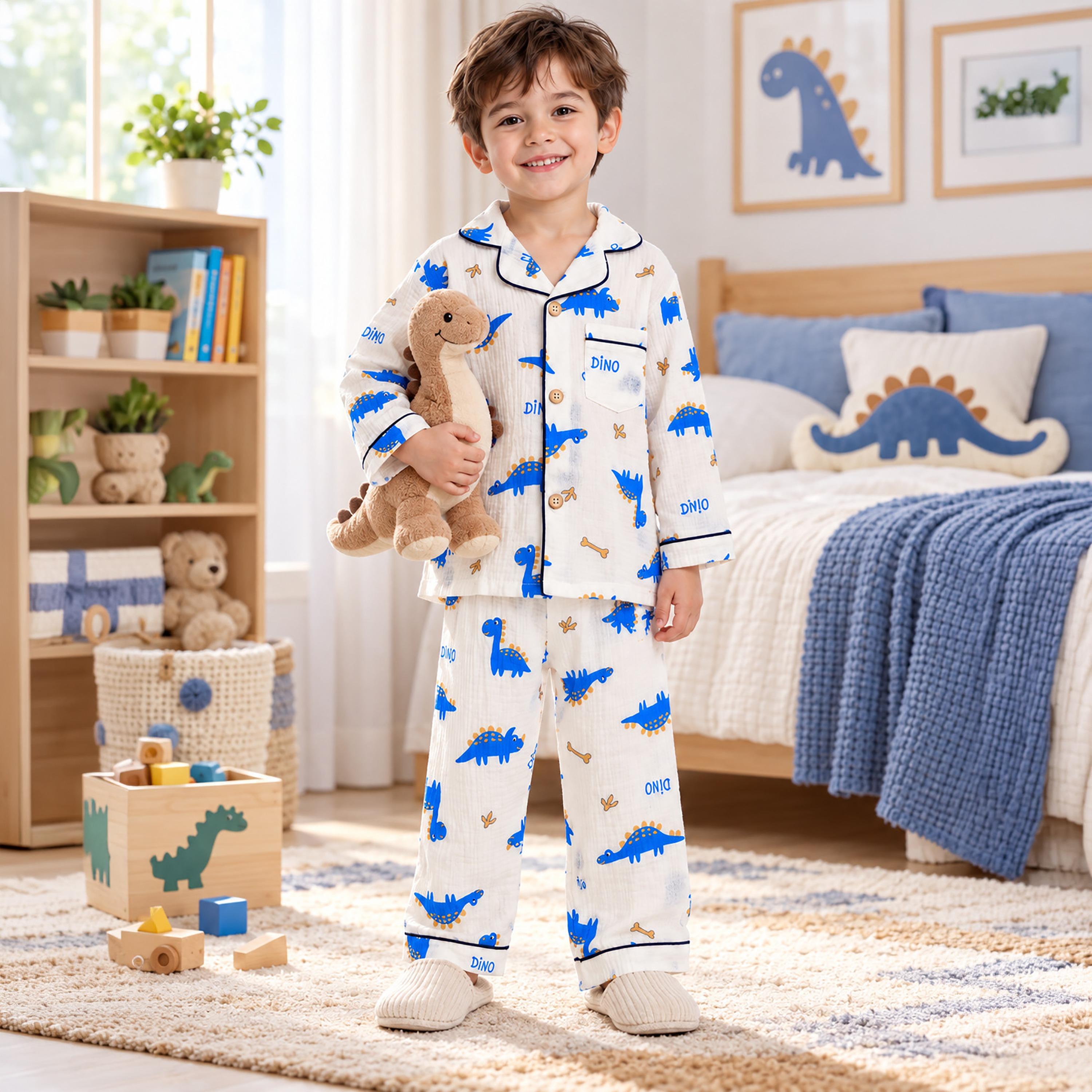 طقم ملابس نوم بأكمام طويلة قماش موسلين بطبعة جرافيك من بيبي كلو-boys-clothing-setsandcoords-image-4