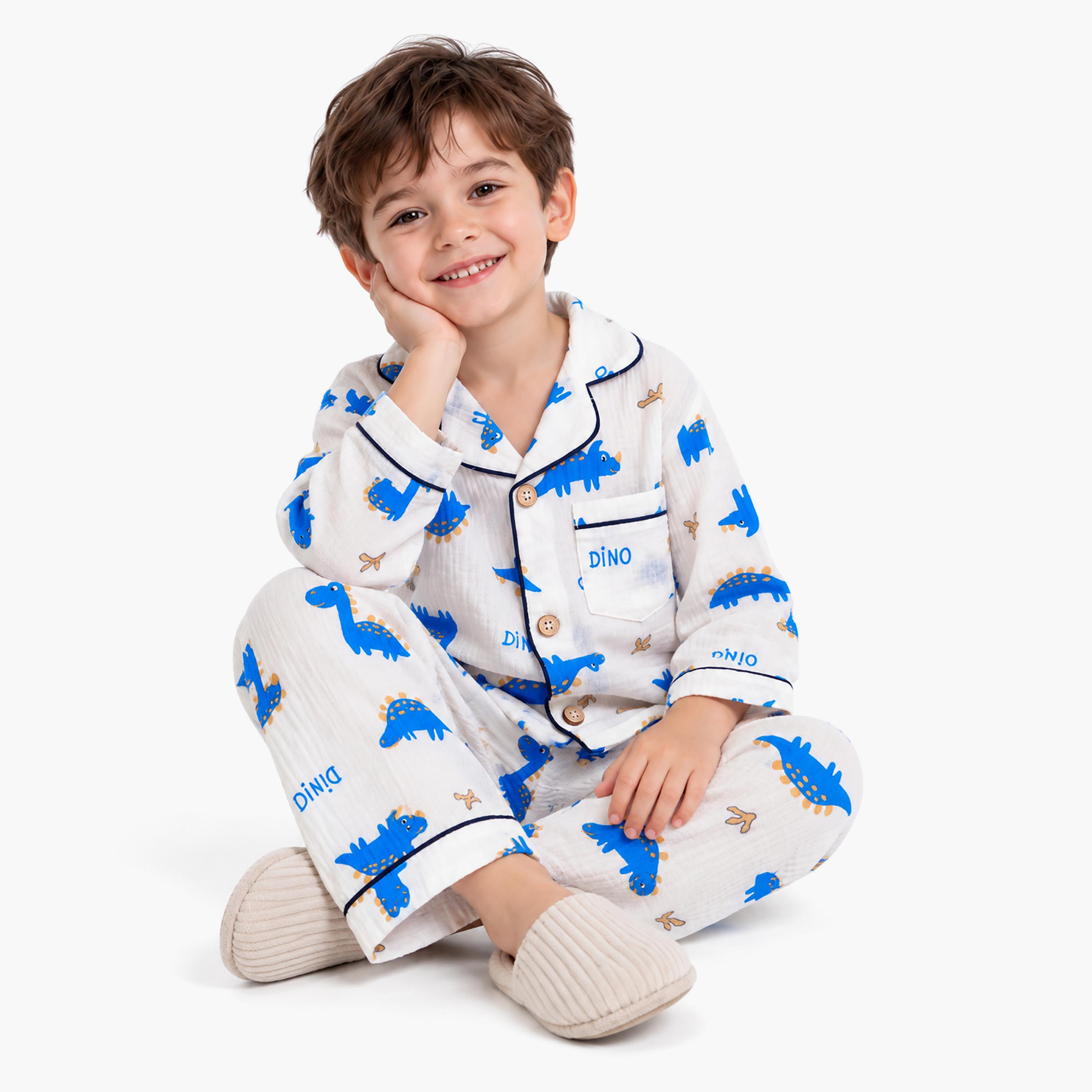 طقم ملابس نوم بأكمام طويلة قماش موسلين بطبعة جرافيك من بيبي كلو-boys-clothing-setsandcoords-image-5
