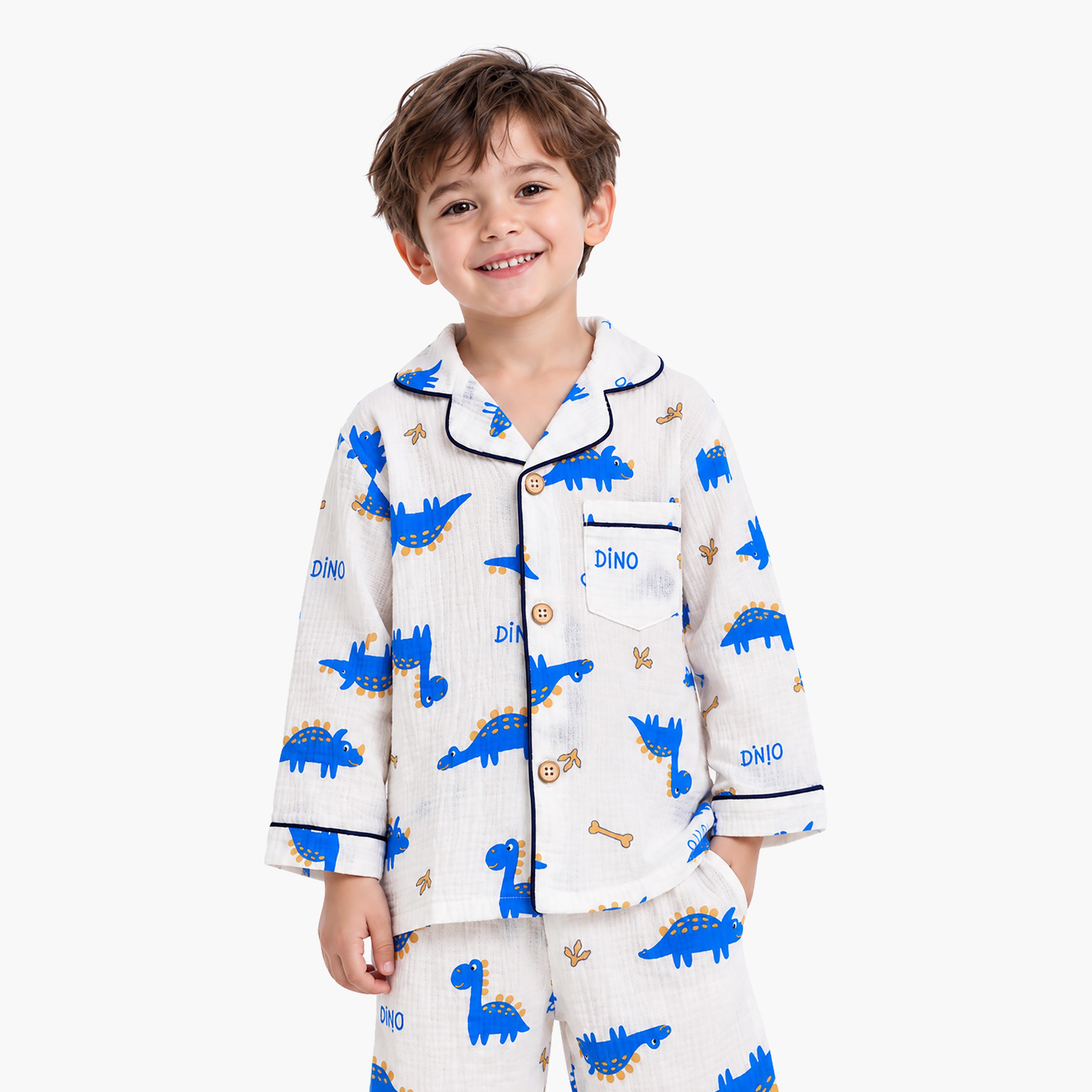 طقم ملابس نوم بأكمام طويلة قماش موسلين بطبعة جرافيك من بيبي كلو-boys-clothing-setsandcoords-image-6