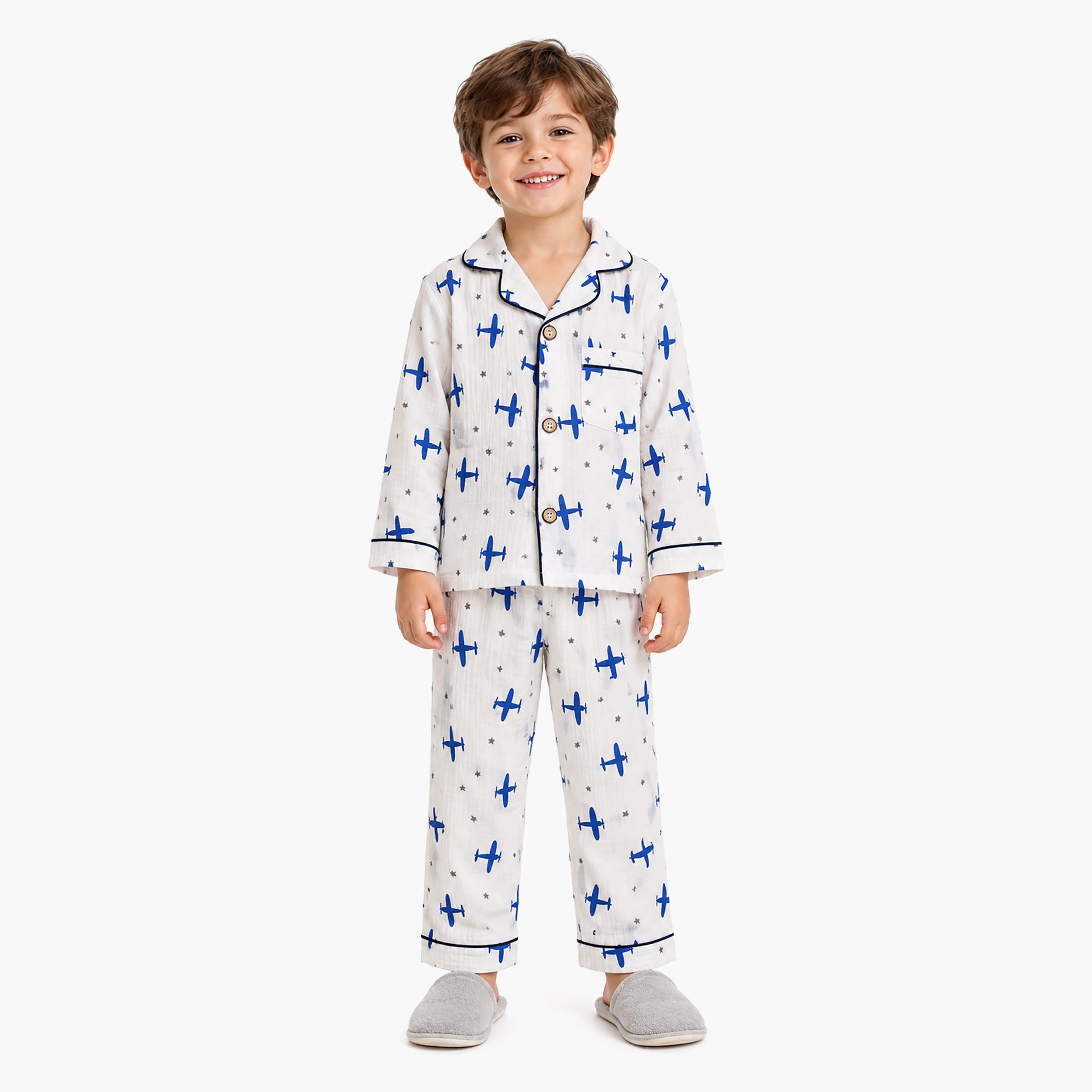 طقم ملابس نوم بأكمام طويلة قماش موسلين بطبعة جرافيك من بيبي كلو-boys-clothing-setsandcoords-image-1