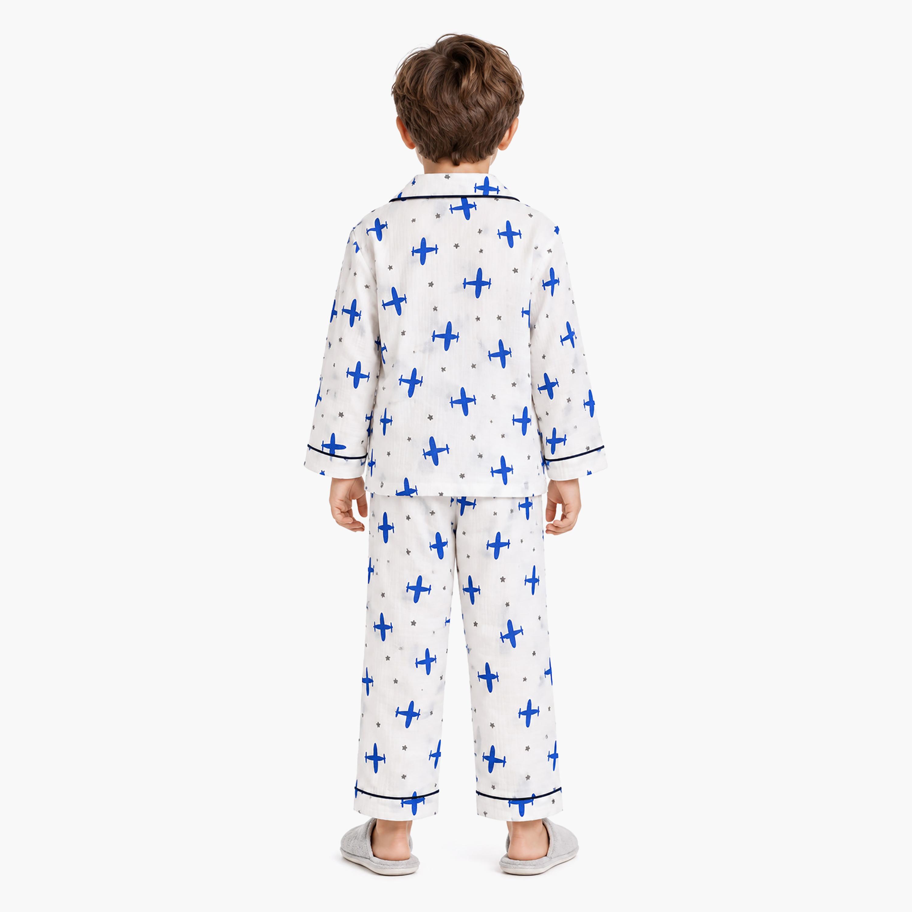 طقم ملابس نوم بأكمام طويلة قماش موسلين بطبعة جرافيك من بيبي كلو-boys-clothing-setsandcoords-image-2