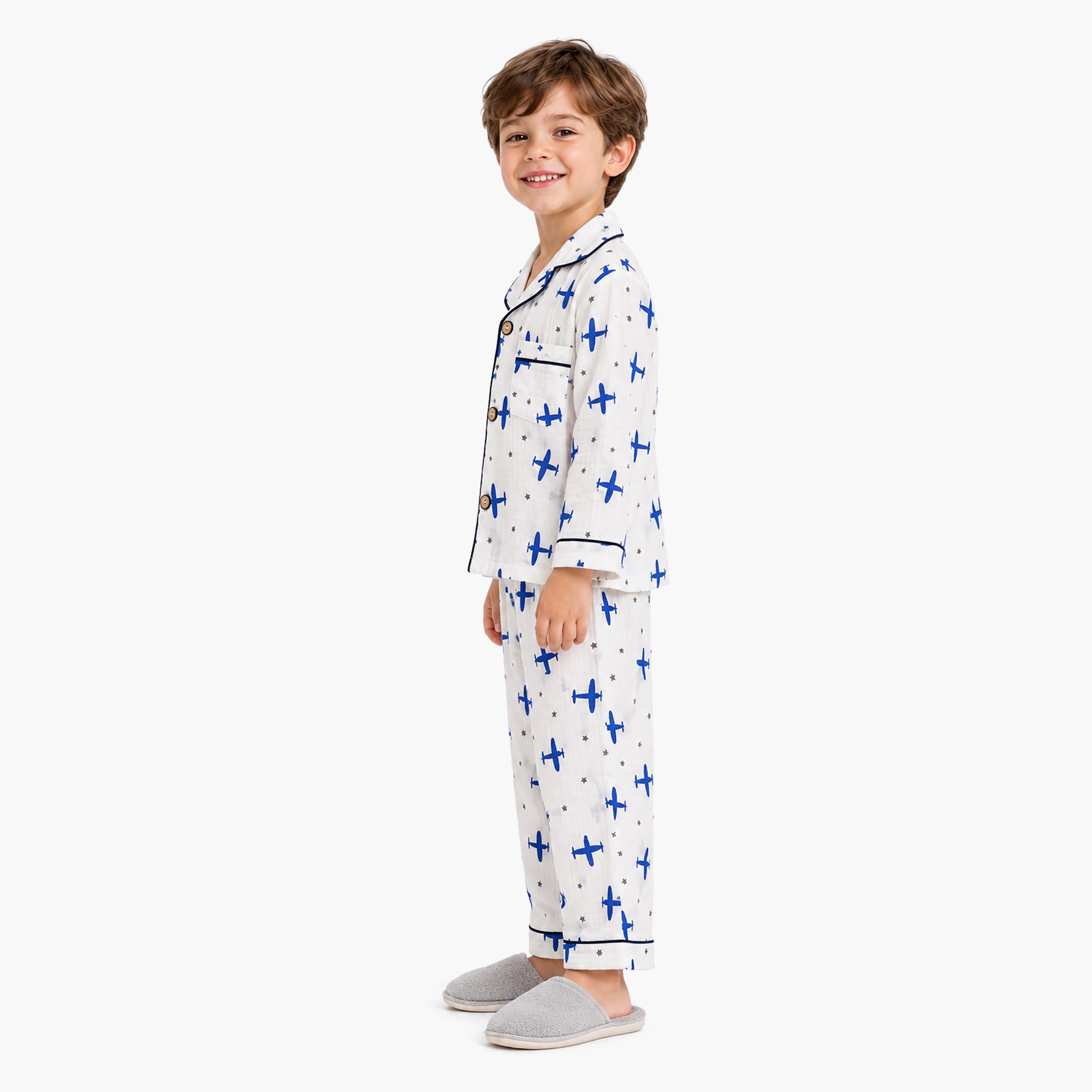 طقم ملابس نوم بأكمام طويلة قماش موسلين بطبعة جرافيك من بيبي كلو-boys-clothing-setsandcoords-image-3