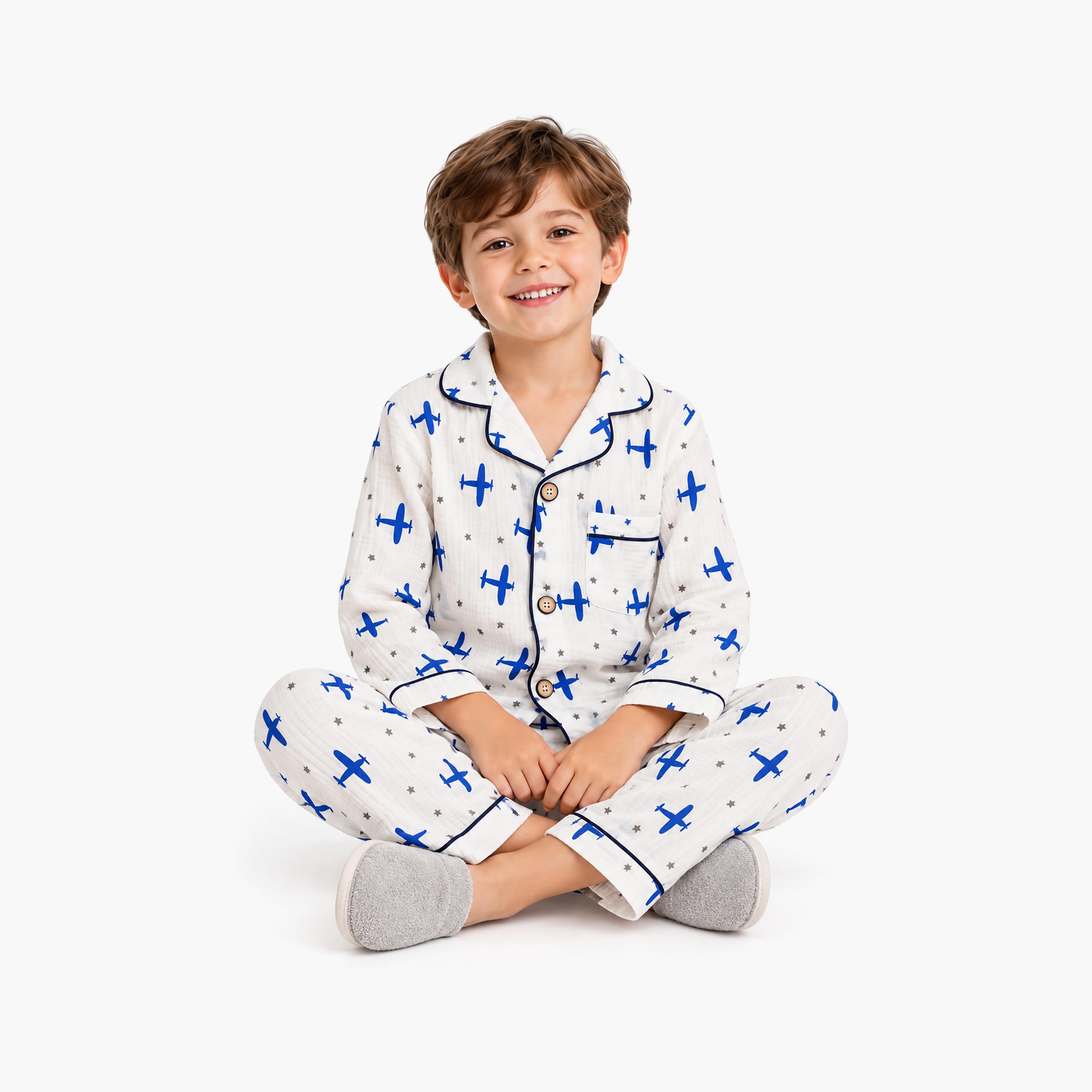 طقم ملابس نوم بأكمام طويلة قماش موسلين بطبعة جرافيك من بيبي كلو-boys-clothing-setsandcoords-image-5