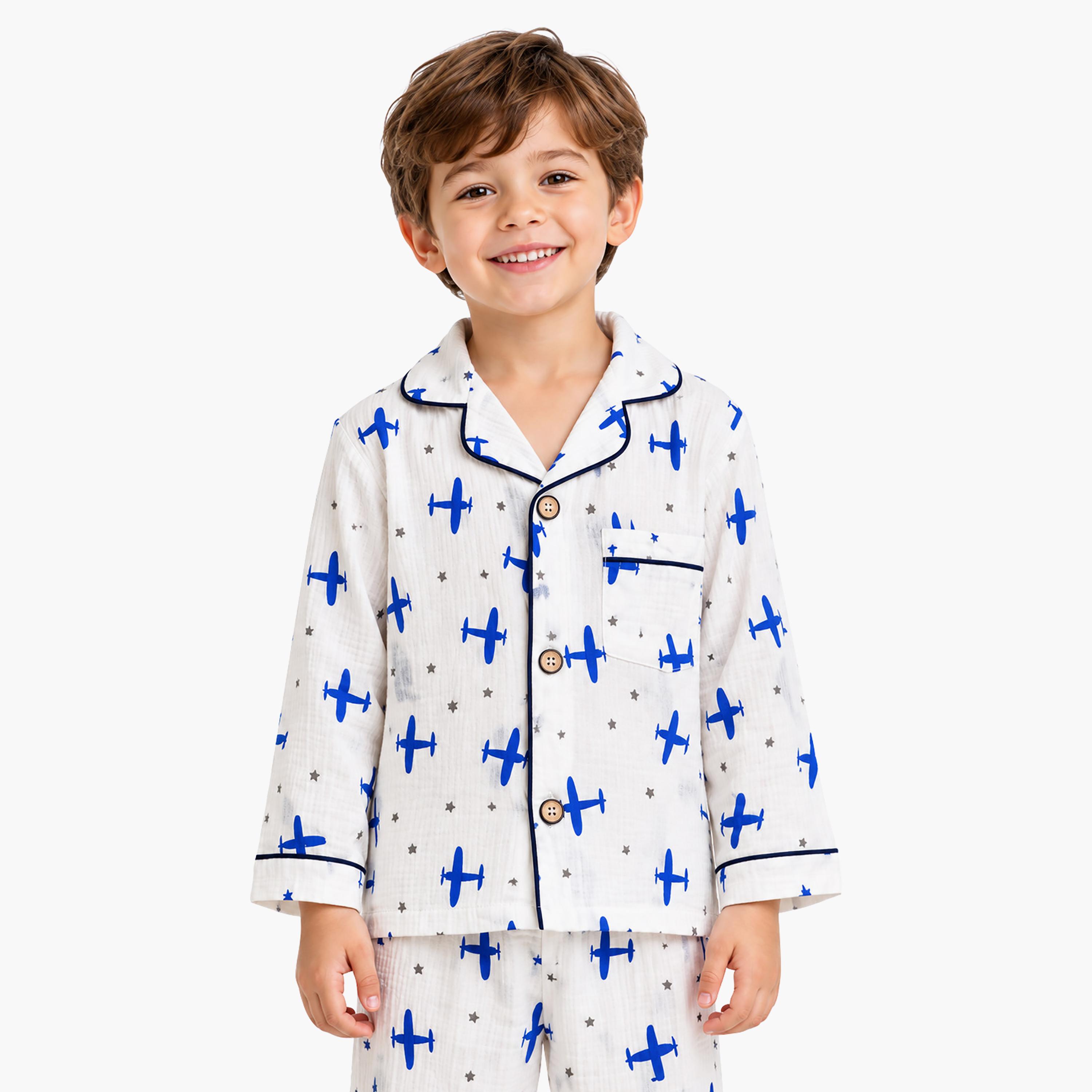 طقم ملابس نوم بأكمام طويلة قماش موسلين بطبعة جرافيك من بيبي كلو-boys-clothing-setsandcoords-image-6