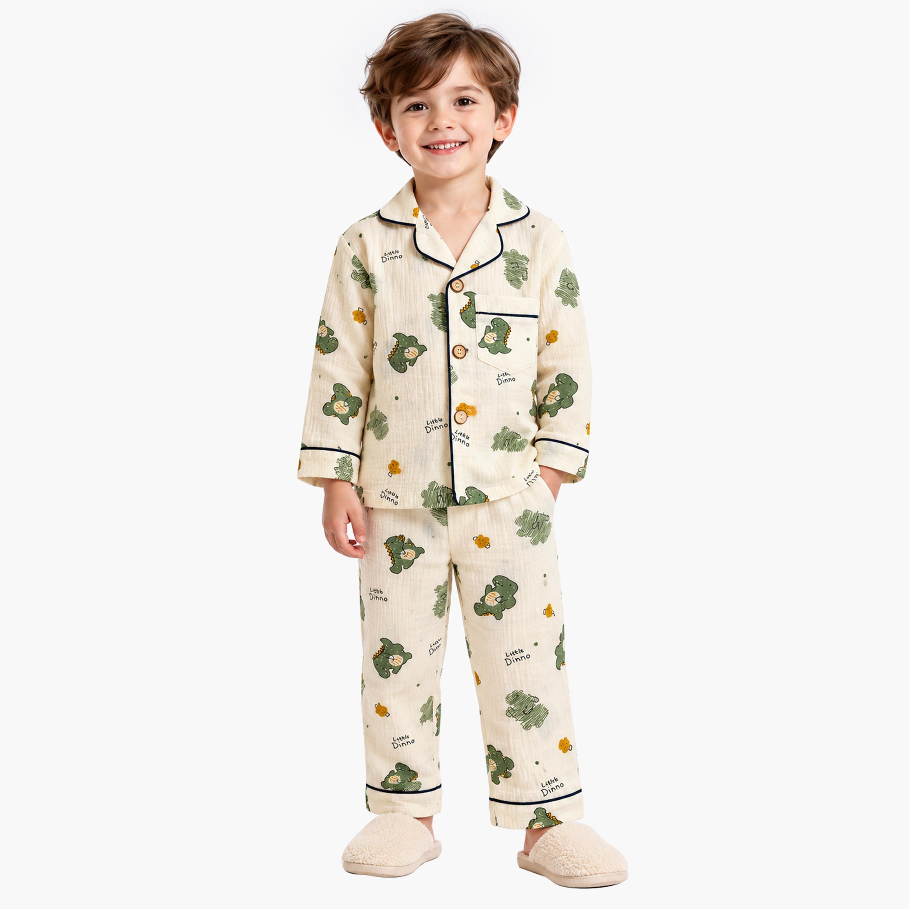 طقم ملابس نوم بأكمام طويلة قماش موسلين بطبعة جرافيك من بيبي كلو-boys-clothing-setsandcoords-image-1