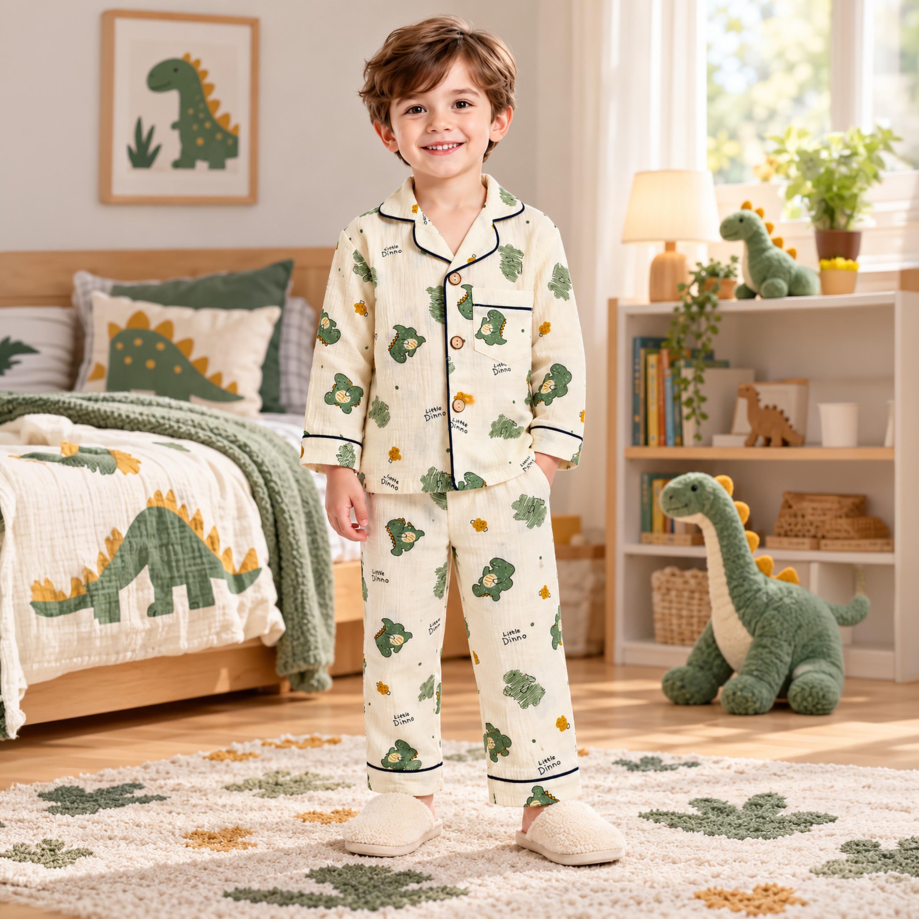 طقم ملابس نوم بأكمام طويلة قماش موسلين بطبعة جرافيك من بيبي كلو-boys-clothing-setsandcoords-image-4