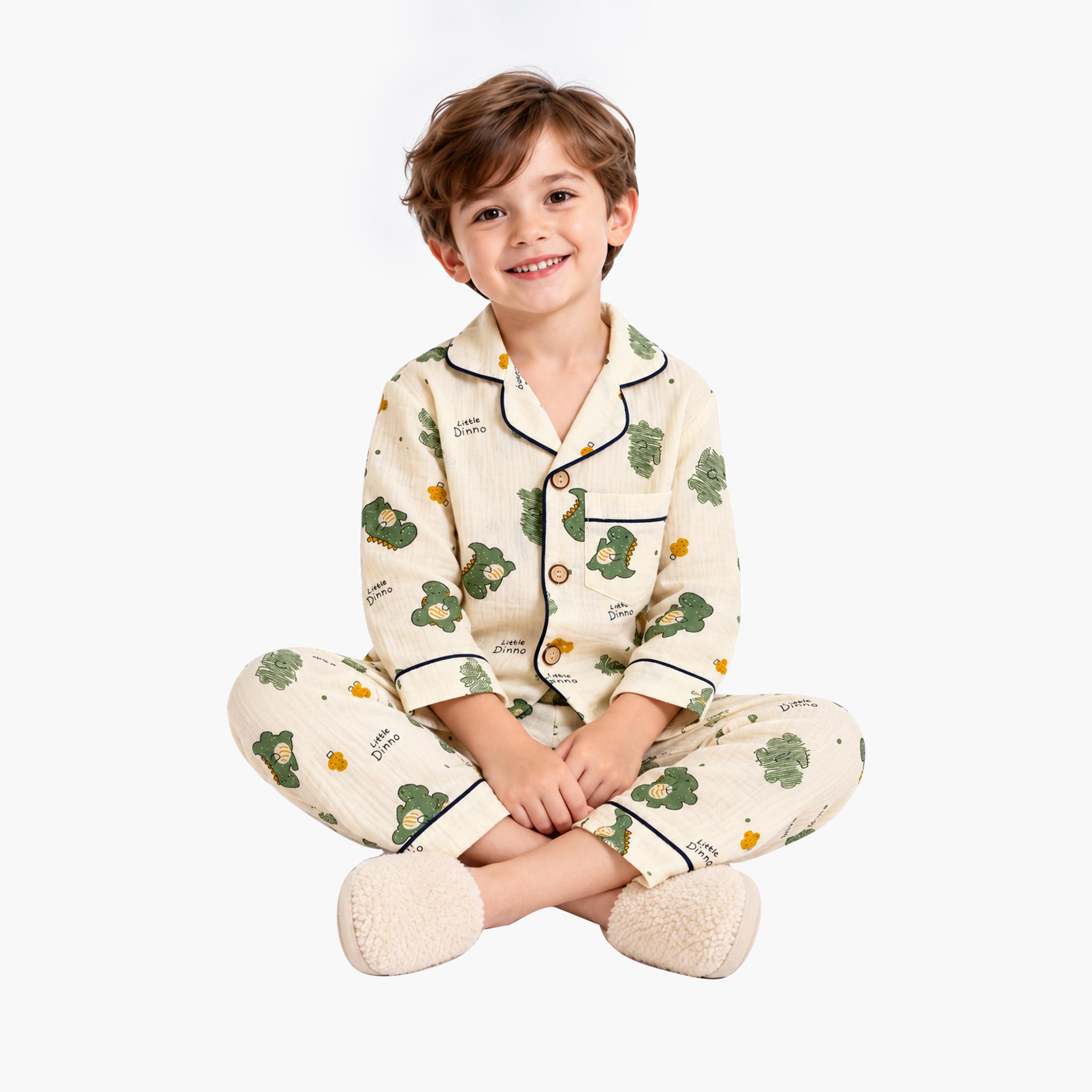 طقم ملابس نوم بأكمام طويلة قماش موسلين بطبعة جرافيك من بيبي كلو-boys-clothing-setsandcoords-image-5