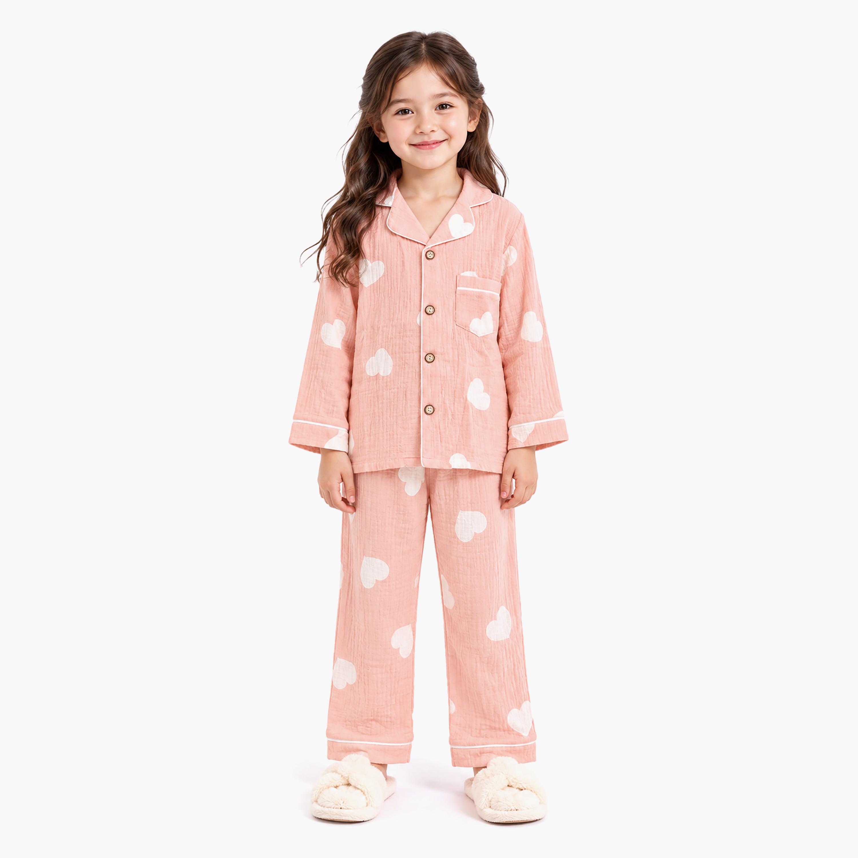 طقم بيجامة قطعتين مطبع بياقة شال وتيشيرت من بيبي كيو لو-girls-clothing-setsandcoords-image-1