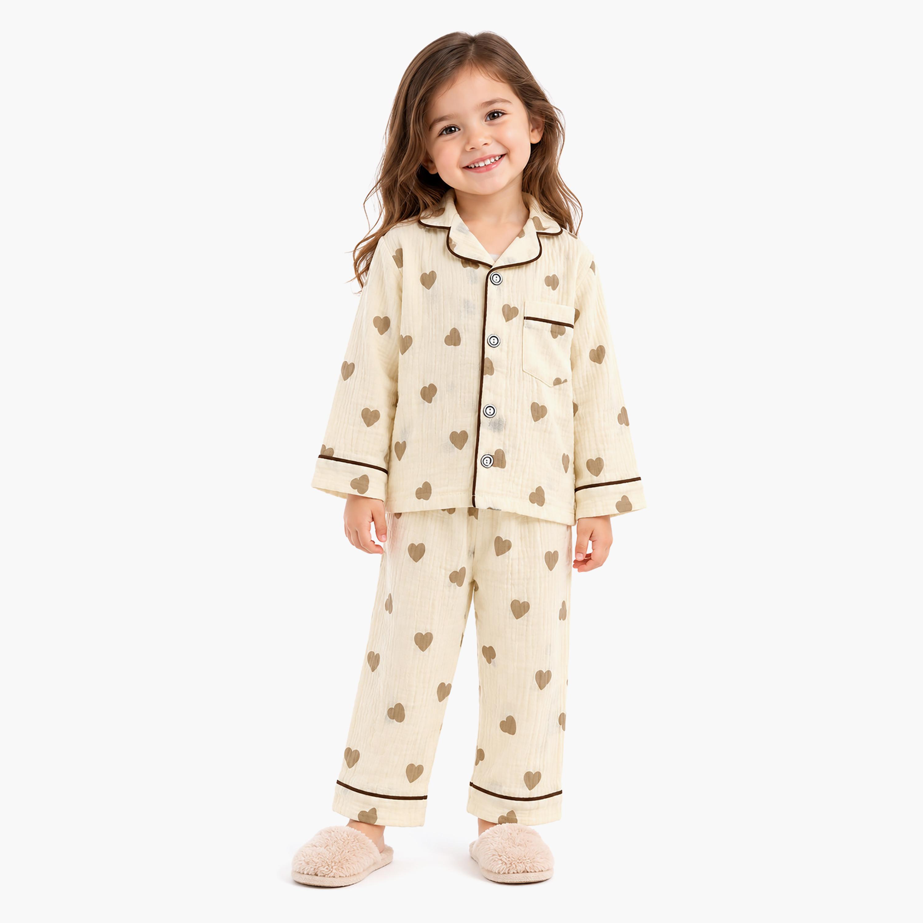 طقم بيجامة قطعتين مطبع بياقة شال وتيشيرت من بيبي كيو لو-girls-clothing-setsandcoords-image-1