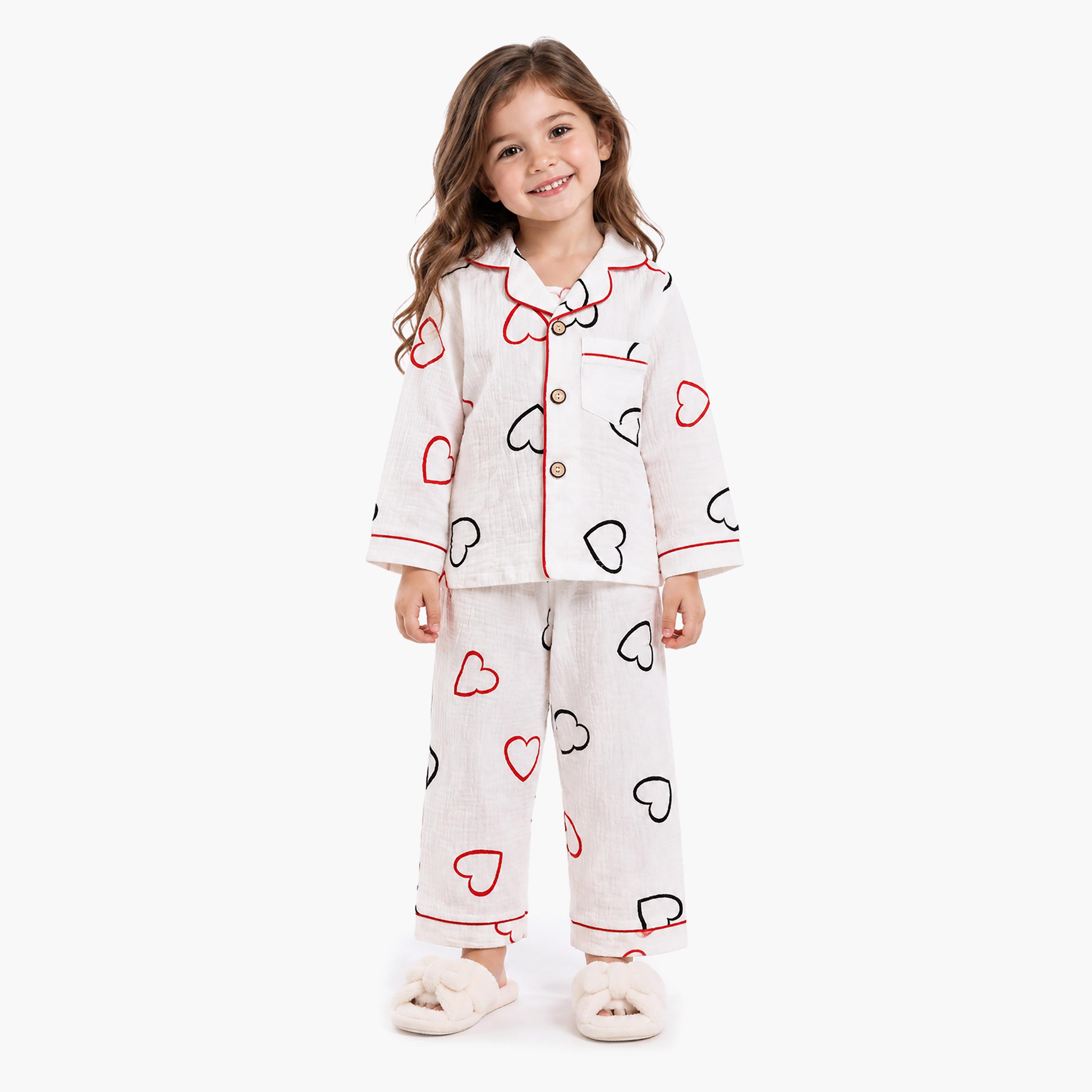 طقم بيجامة قطعتين مطبع بياقة شال وتيشيرت من بيبي كيو لو-girls-clothing-setsandcoords-image-1