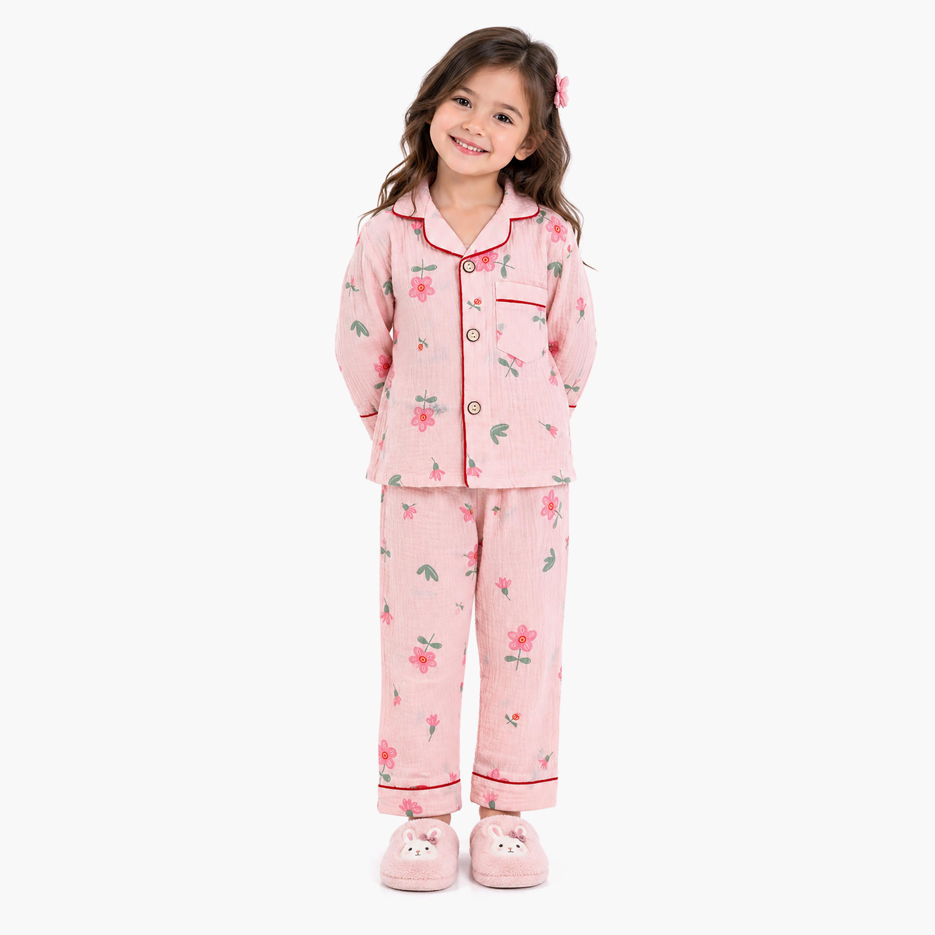 طقم بيجامة قطعتين مطبع بياقة شال وتيشيرت من بيبي كيو لو-girls-clothing-setsandcoords-image-1