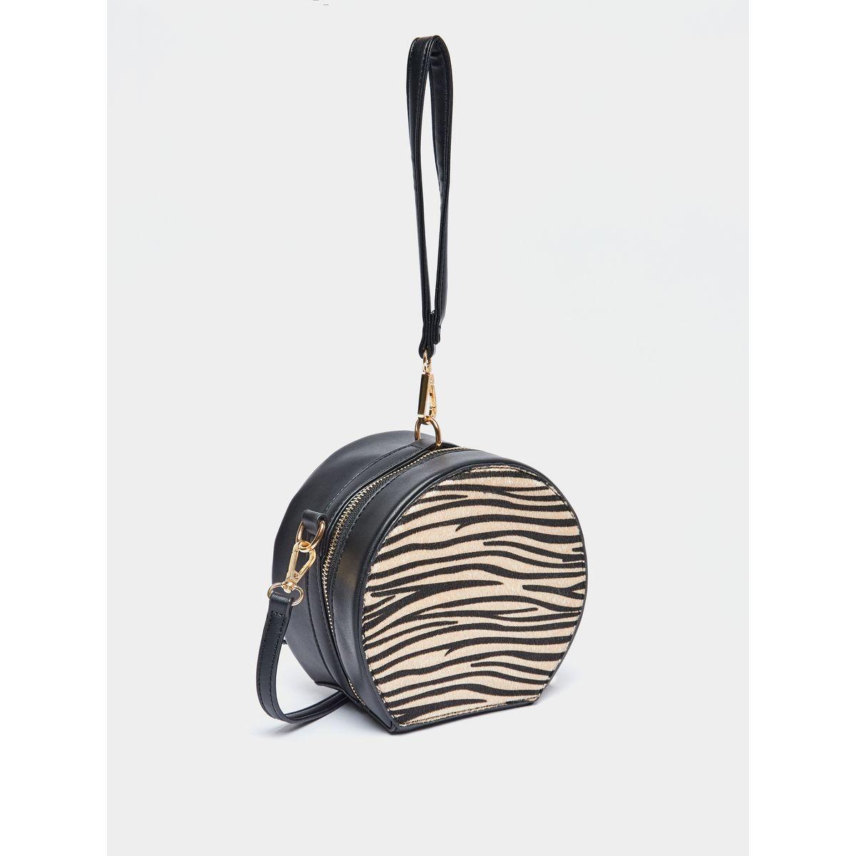 Styli Faux Fur Zebra Pattern Detail Round Crossbody Bag-women-bagsandwallets-handbags-image-1