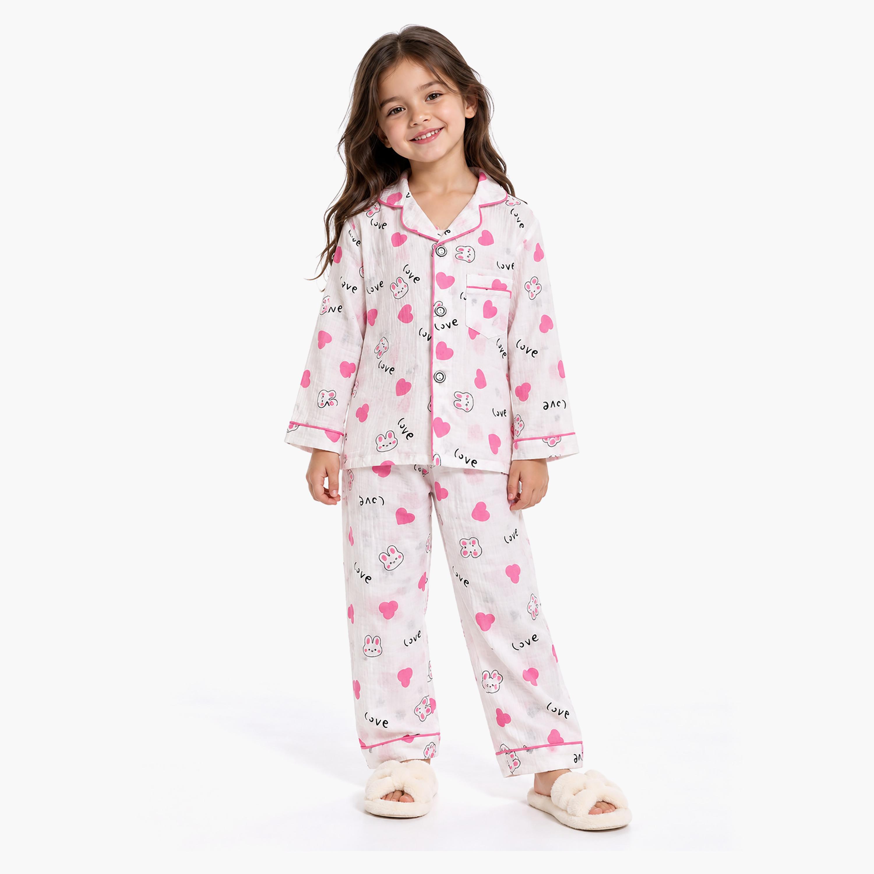 طقم بيجامة قطعتين مطبع بياقة شال وتيشيرت من بيبي كيو لو-girls-clothing-setsandcoords-image-1