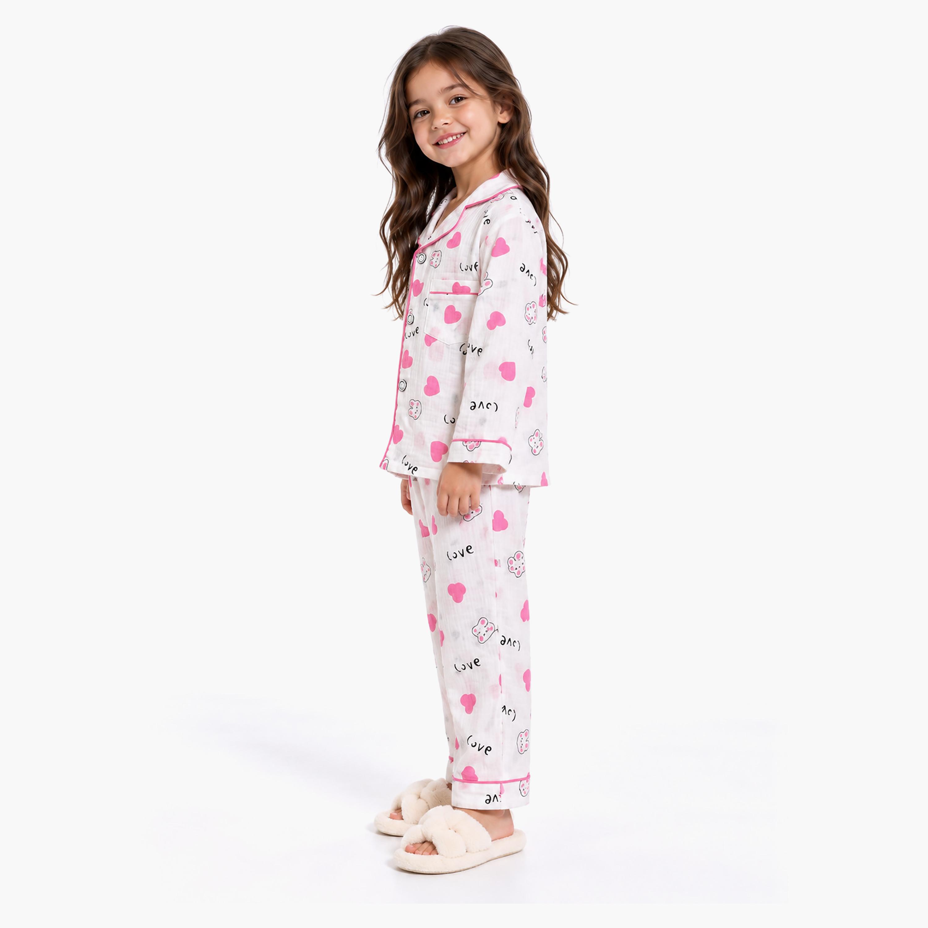 طقم بيجامة قطعتين مطبع بياقة شال وتيشيرت من بيبي كيو لو-girls-clothing-setsandcoords-image-3