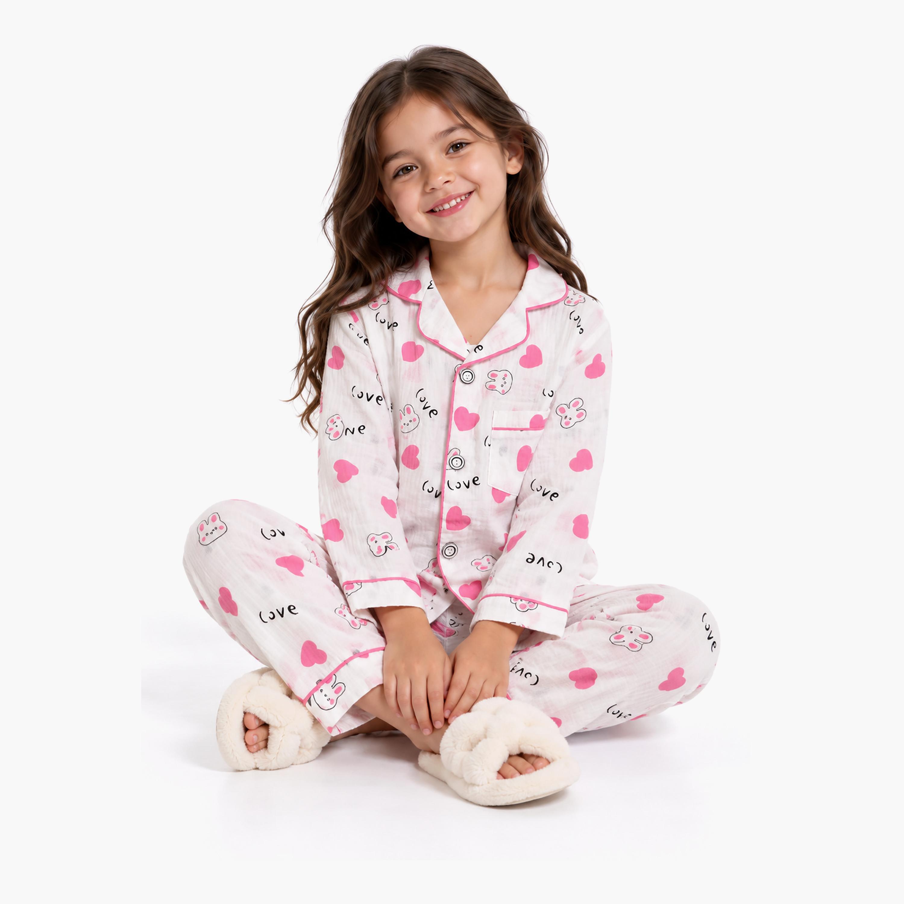 طقم بيجامة قطعتين مطبع بياقة شال وتيشيرت من بيبي كيو لو-girls-clothing-setsandcoords-image-5