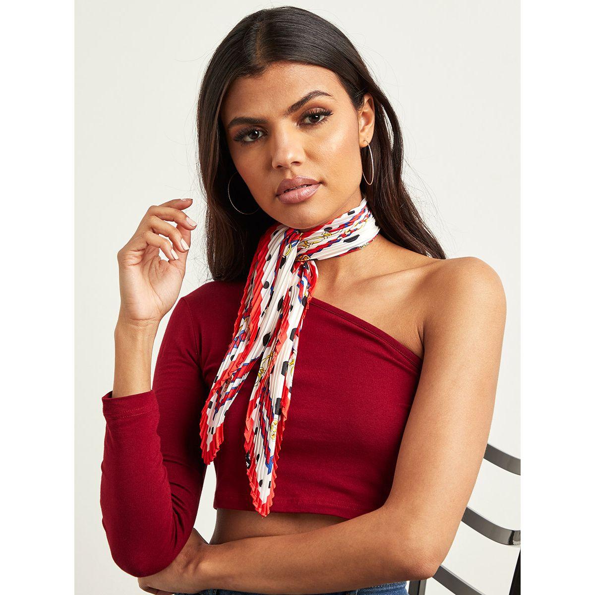 Styli Polka Dot Chain Print Pleated Neck Scarf-women-winterwear-scarves-image-5