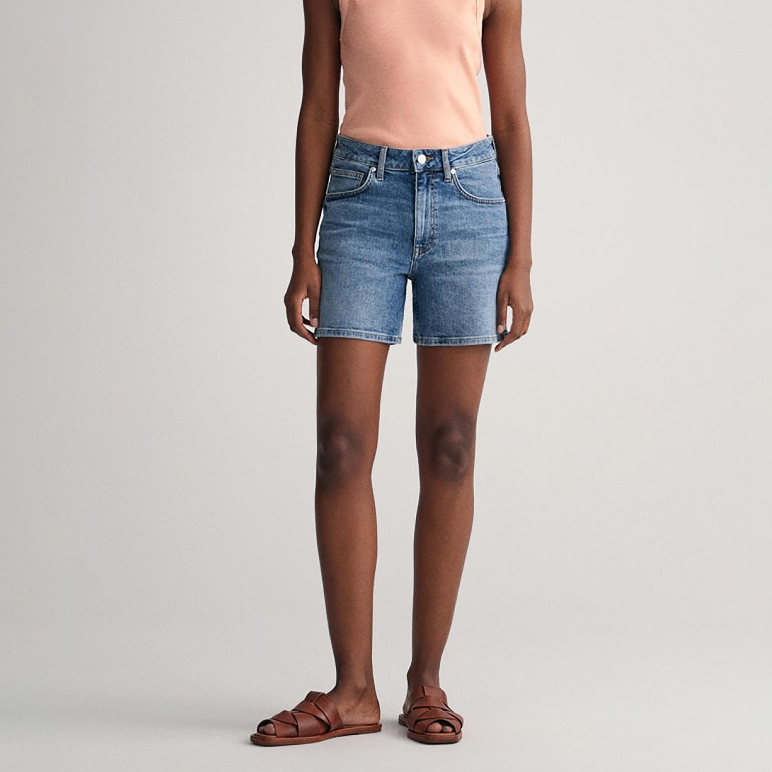 Gant Plain Mid-Rise Buttoned Denim Shorts-women-clothing-bottoms-shorts-image-1