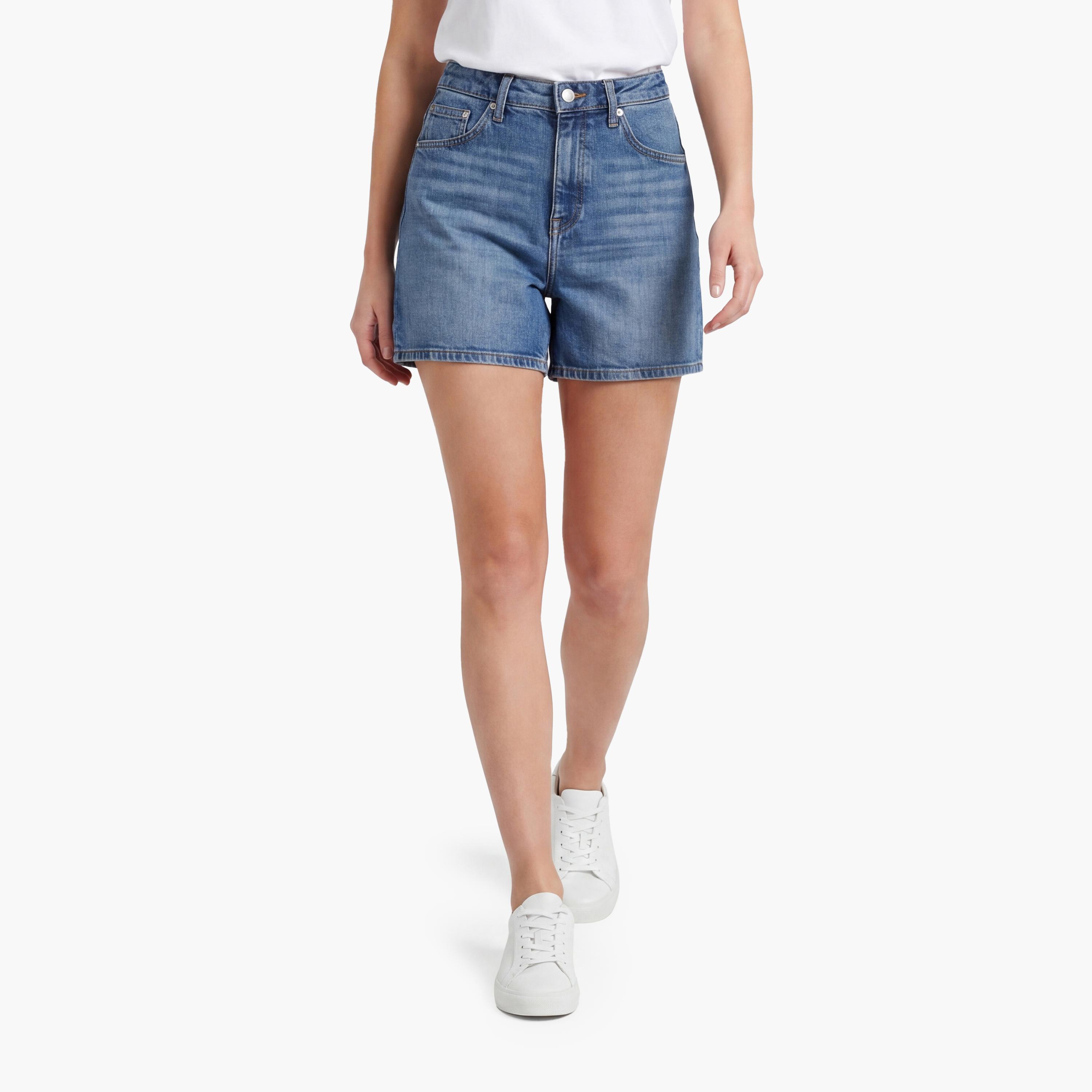 Gant Plain Mid Rise Button Closure Women's Denim Shorts-women-clothing-bottoms-shorts-image-1