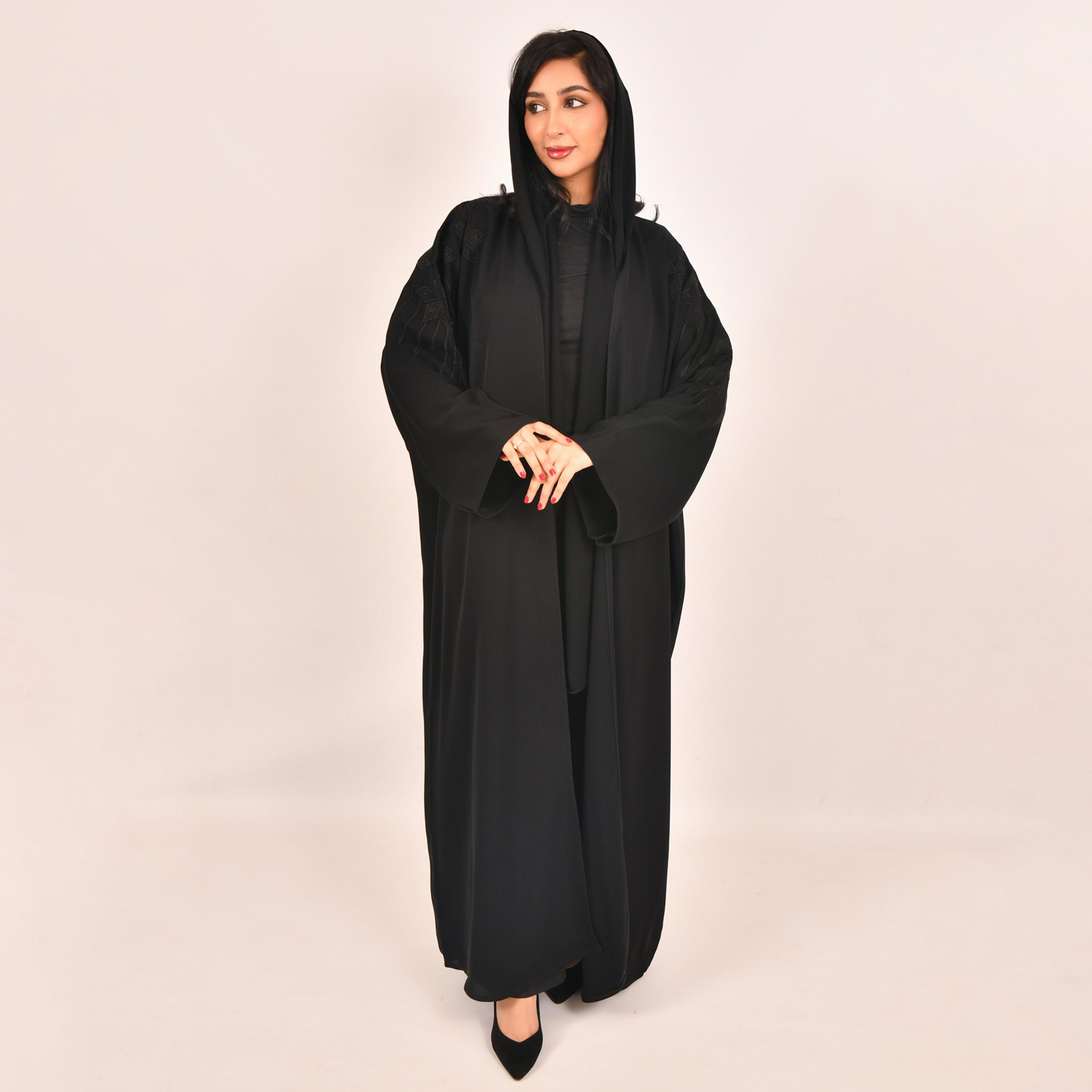 Hawraa Embroidered on Sleeves Half-Bisht Black Abaya with Hijab-women-arabicclothing-abayas-image-1