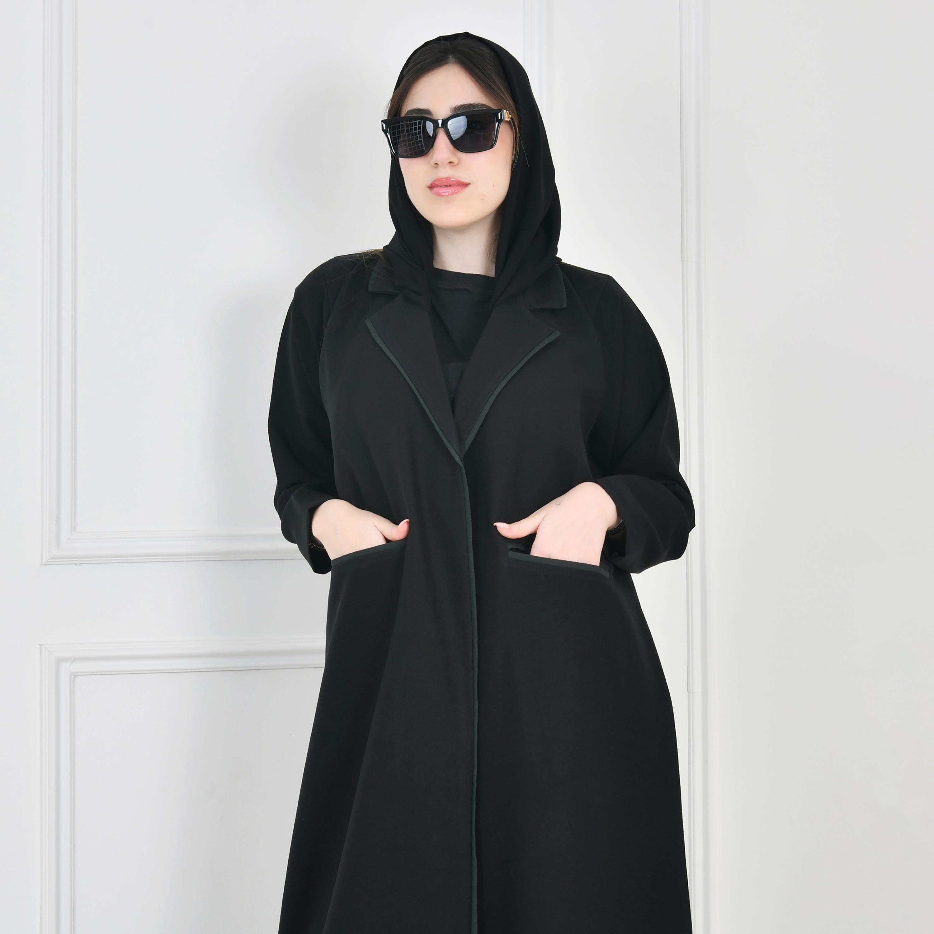 Hawraa Black Notched Lapel Collar Crepe Wrap Abaya with Hijab-women-arabicclothing-abayas-image-1