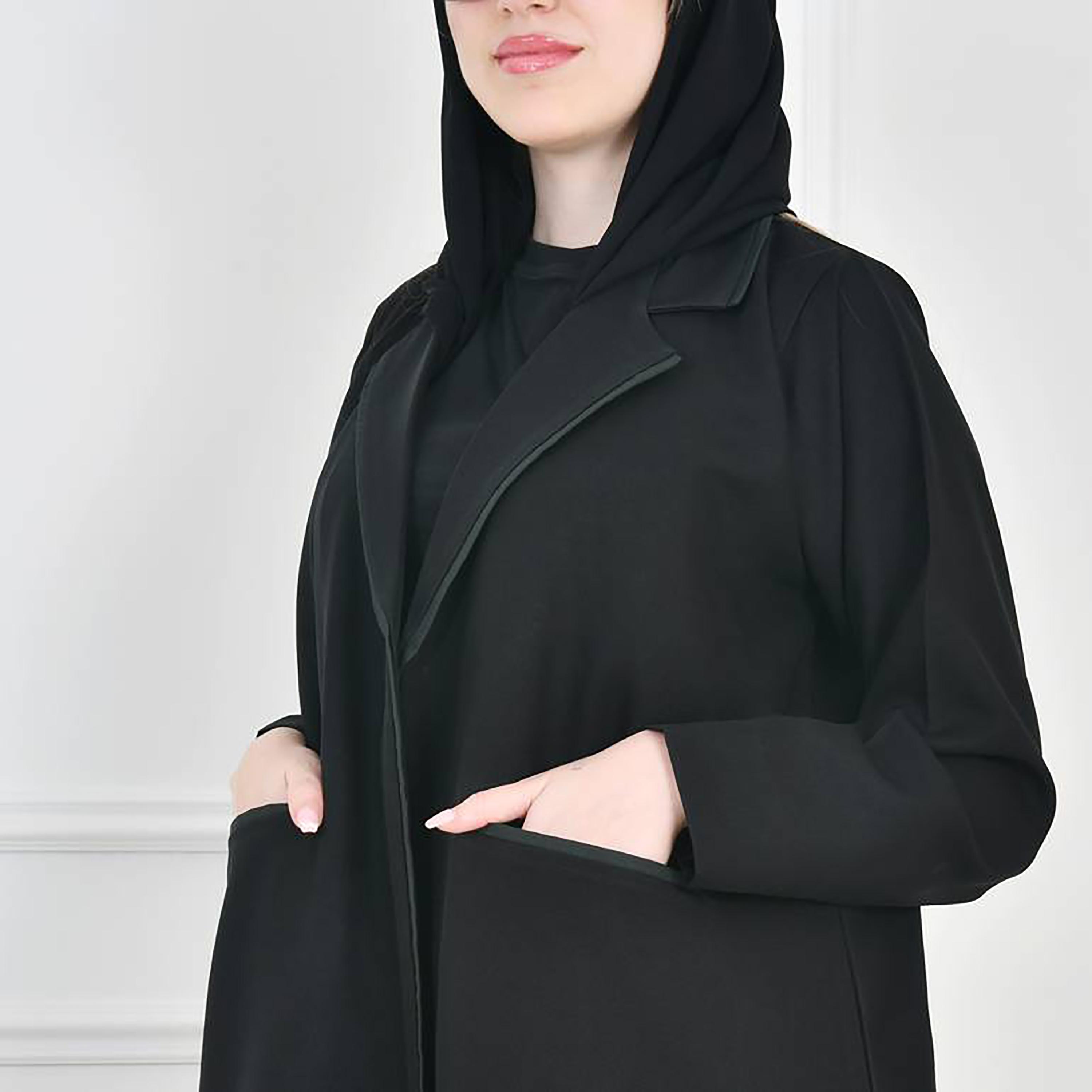 Hawraa Black Notched Lapel Collar Crepe Wrap Abaya with Hijab-women-arabicclothing-abayas-image-3