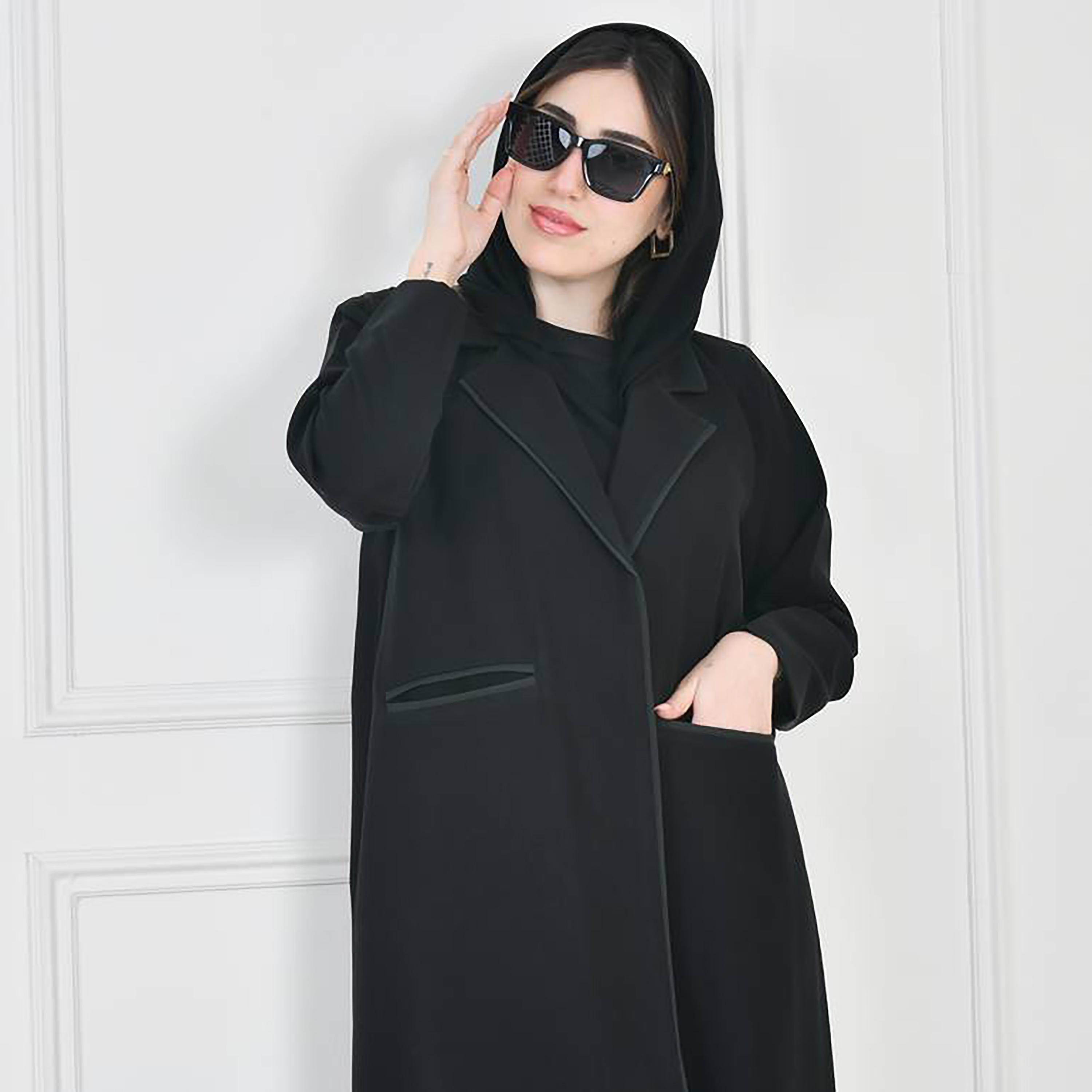 Hawraa Black Notched Lapel Collar Crepe Wrap Abaya with Hijab-women-arabicclothing-abayas-image-4