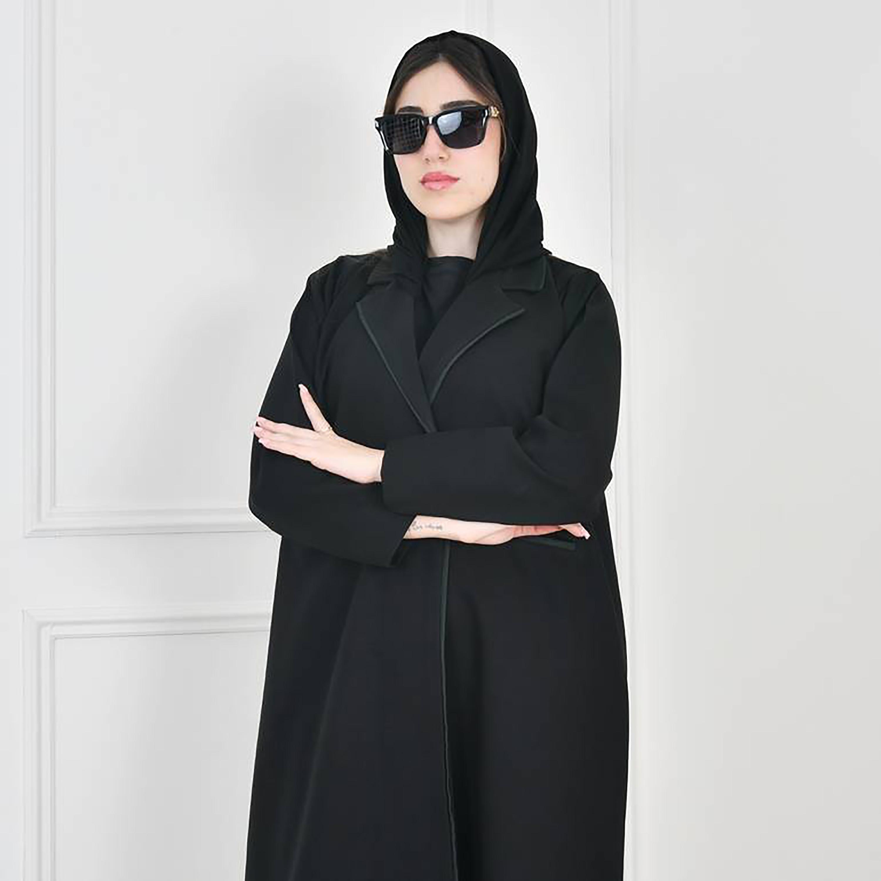 Hawraa Black Notched Lapel Collar Crepe Wrap Abaya with Hijab-women-arabicclothing-abayas-image-2