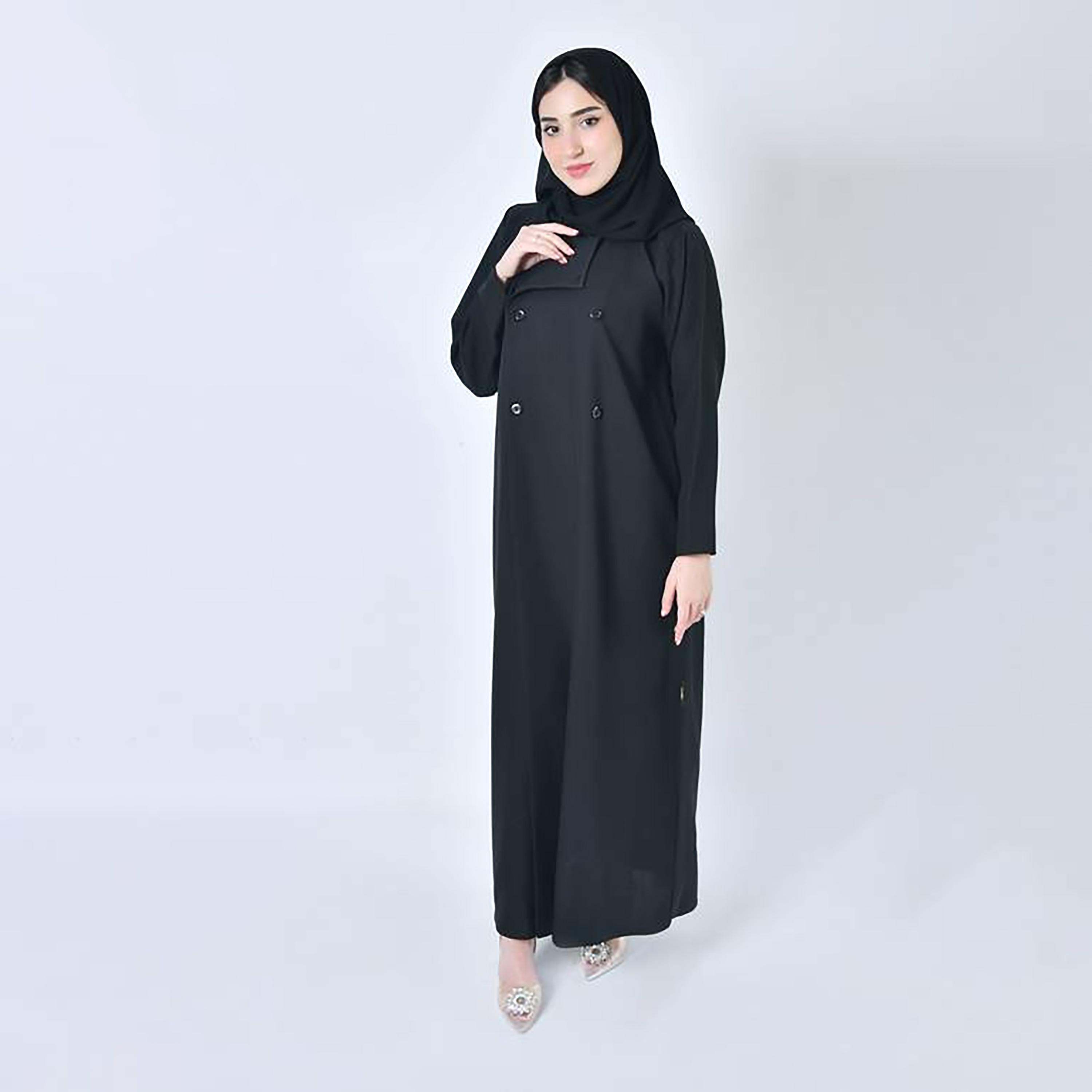 عباية حوراء سوداء من الكتان بياقة مطوية بتصميم بلازر رسمي للنساء مع طرحة-women-arabicclothing-abayas-image-1