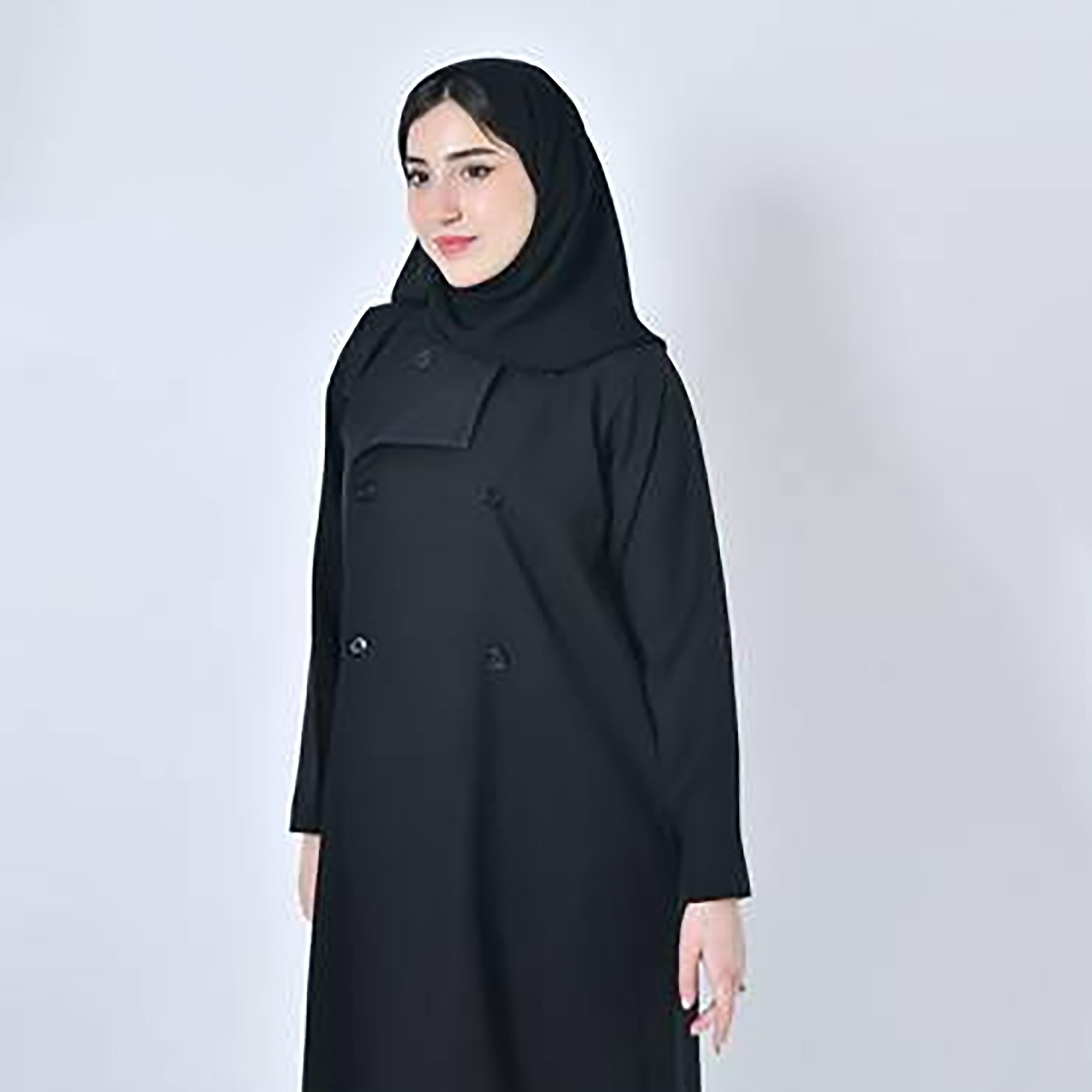 عباية حوراء سوداء من الكتان بياقة مطوية بتصميم بلازر رسمي للنساء مع طرحة-women-arabicclothing-abayas-image-2