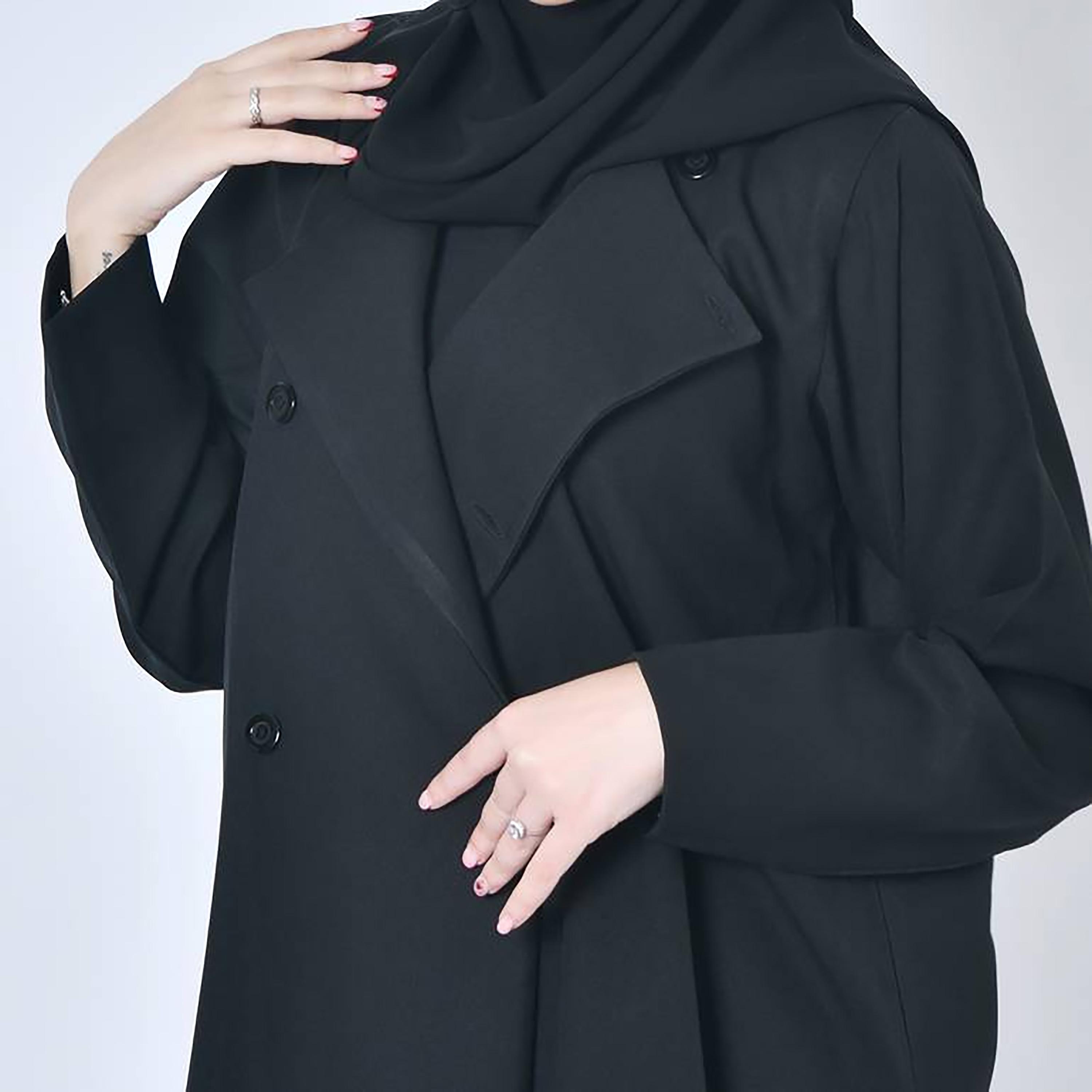 عباية حوراء سوداء من الكتان بياقة مطوية بتصميم بلازر رسمي للنساء مع طرحة-women-arabicclothing-abayas-image-4