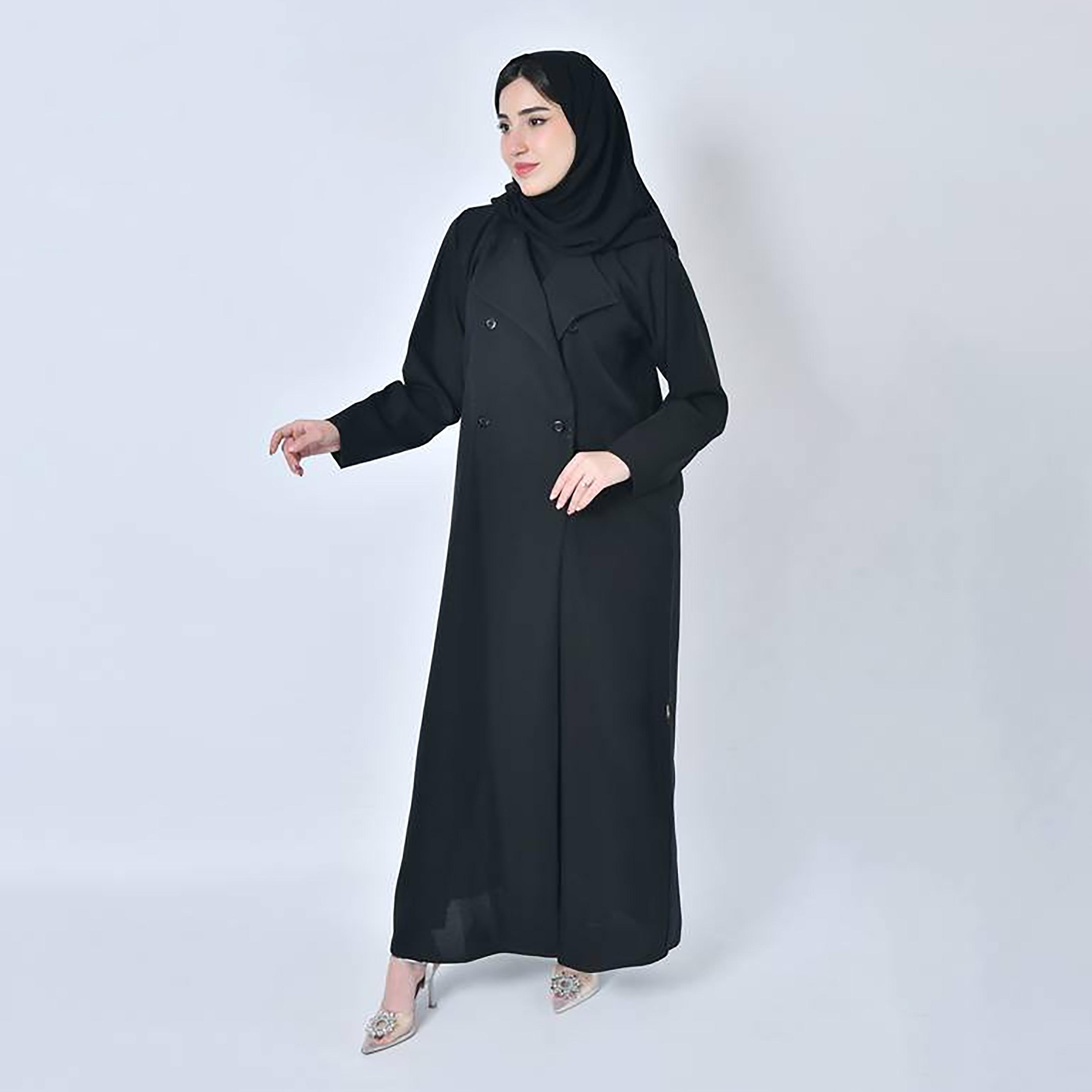 عباية حوراء سوداء من الكتان بياقة مطوية بتصميم بلازر رسمي للنساء مع طرحة-women-arabicclothing-abayas-image-6