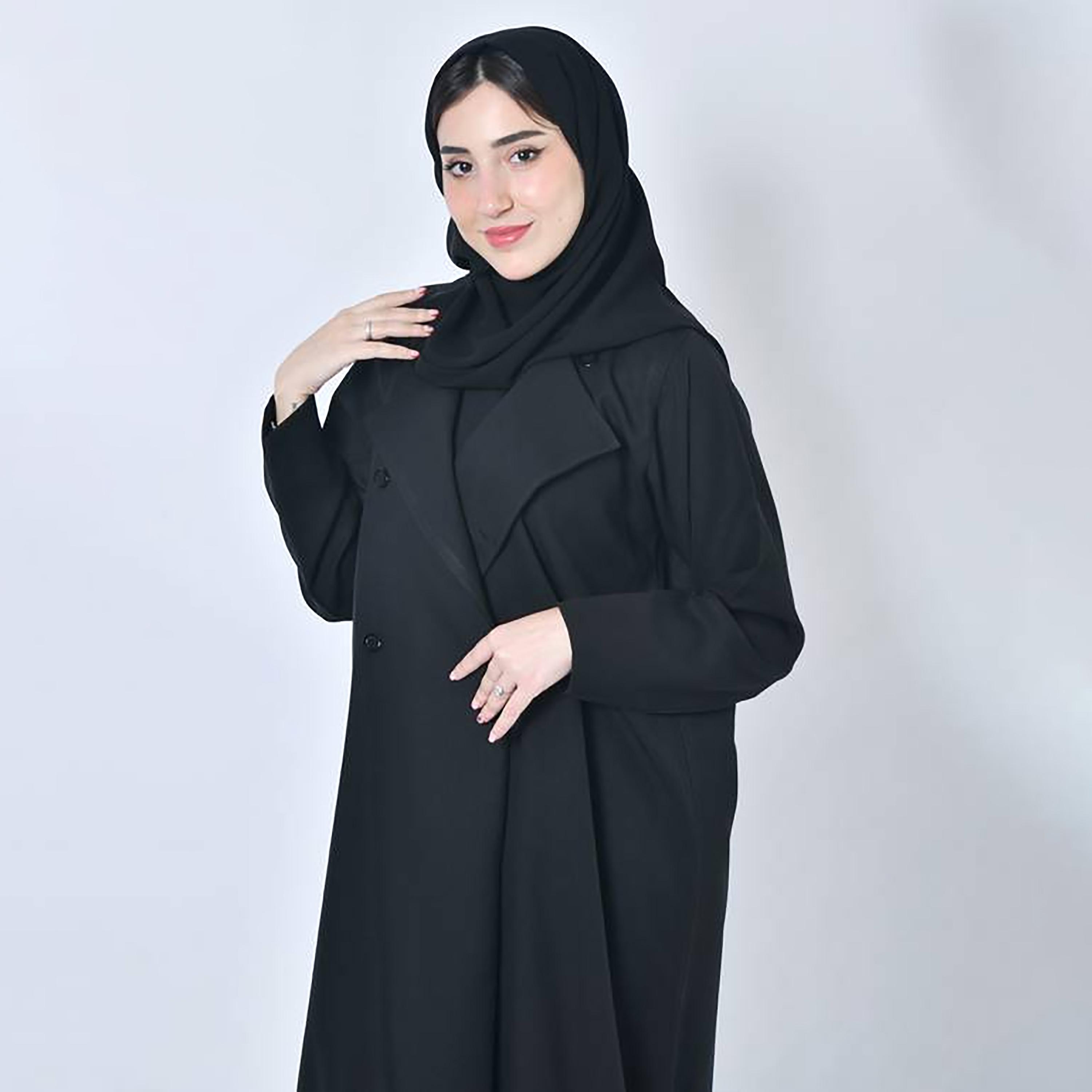 عباية حوراء سوداء من الكتان بياقة مطوية بتصميم بلازر رسمي للنساء مع طرحة-women-arabicclothing-abayas-image-7