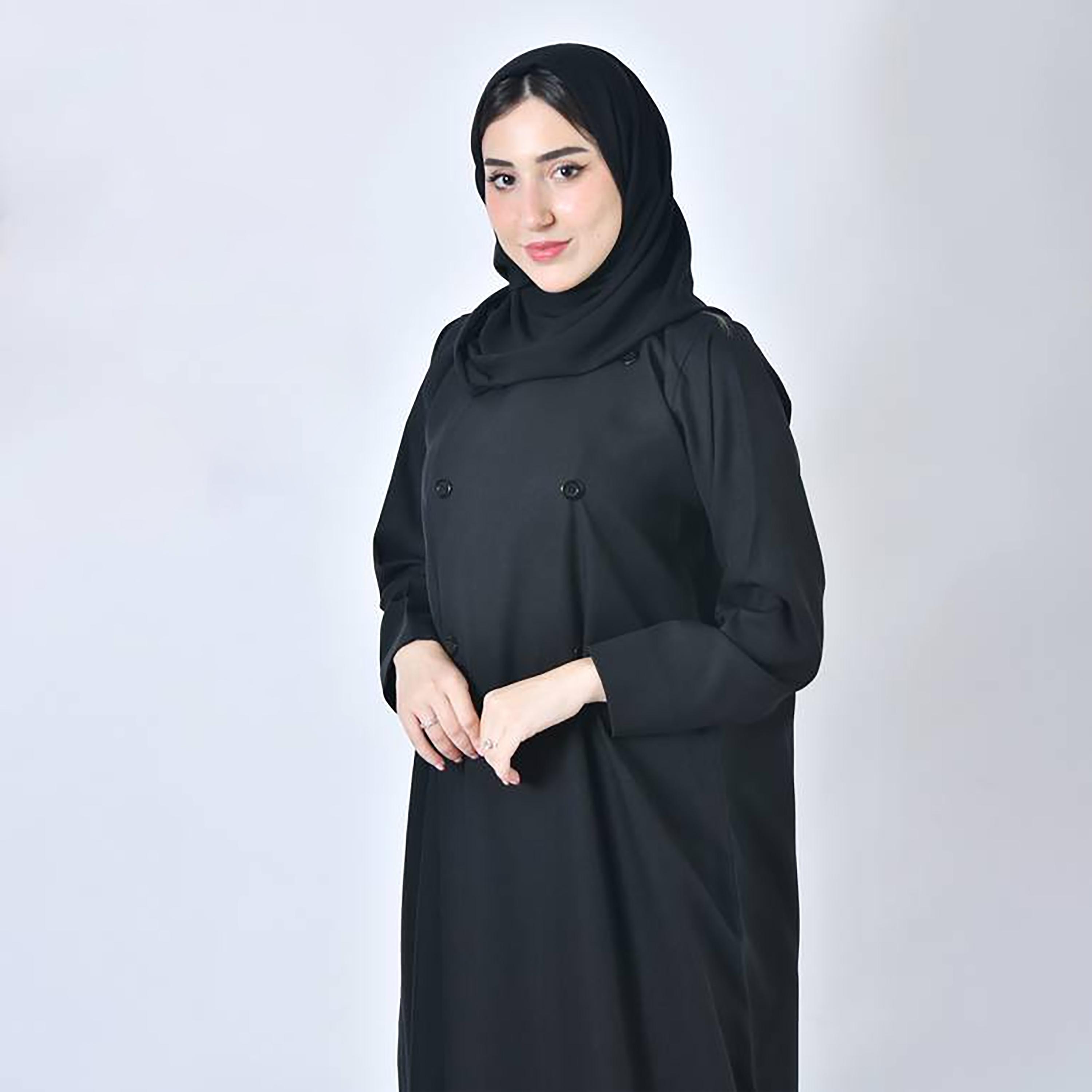 عباية حوراء سوداء من الكتان بياقة مطوية بتصميم بلازر رسمي للنساء مع طرحة-women-arabicclothing-abayas-image-8