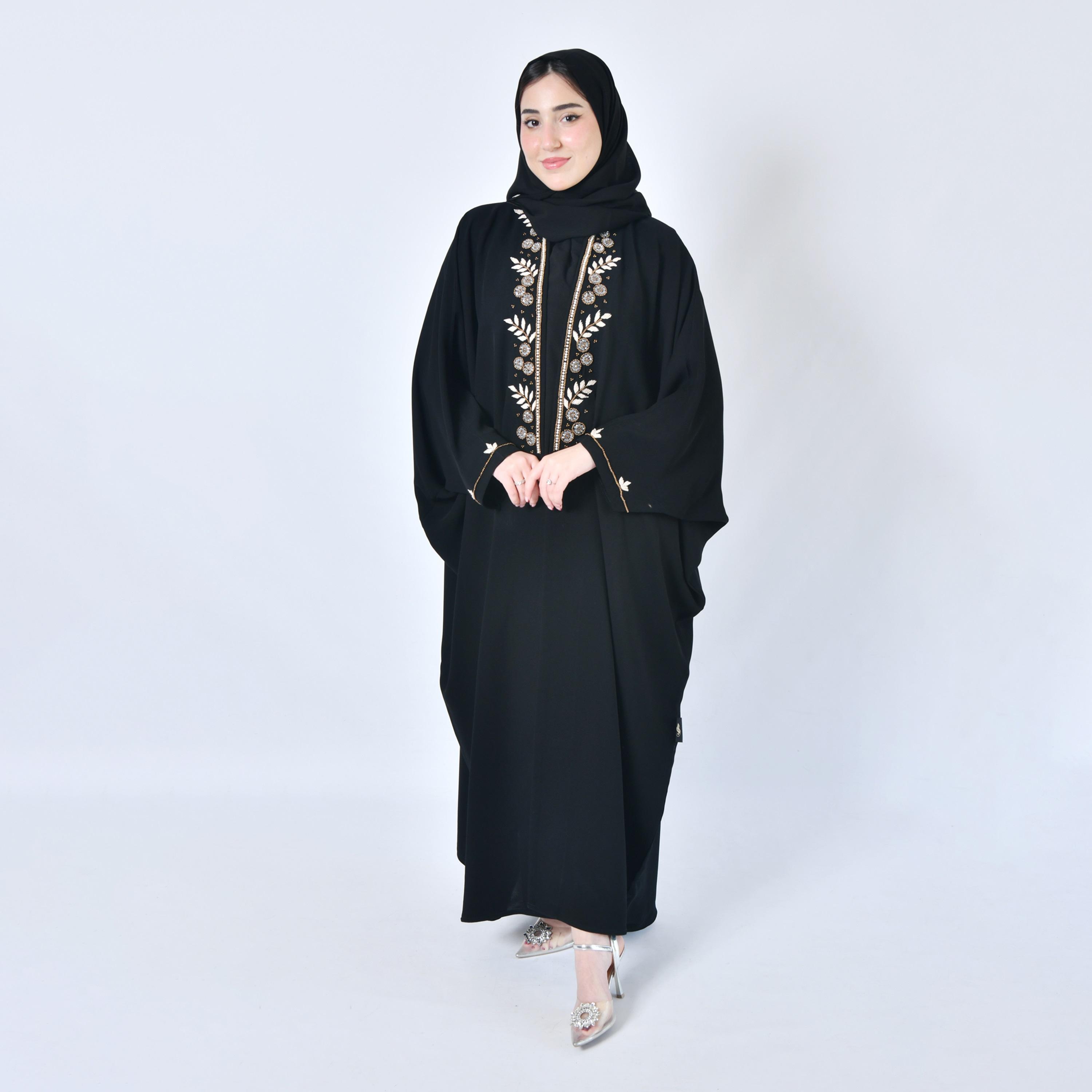 Hawraa Embroidered and Beaded Black Bisht Abaya with Hijab-women-arabicclothing-abayas-image-1
