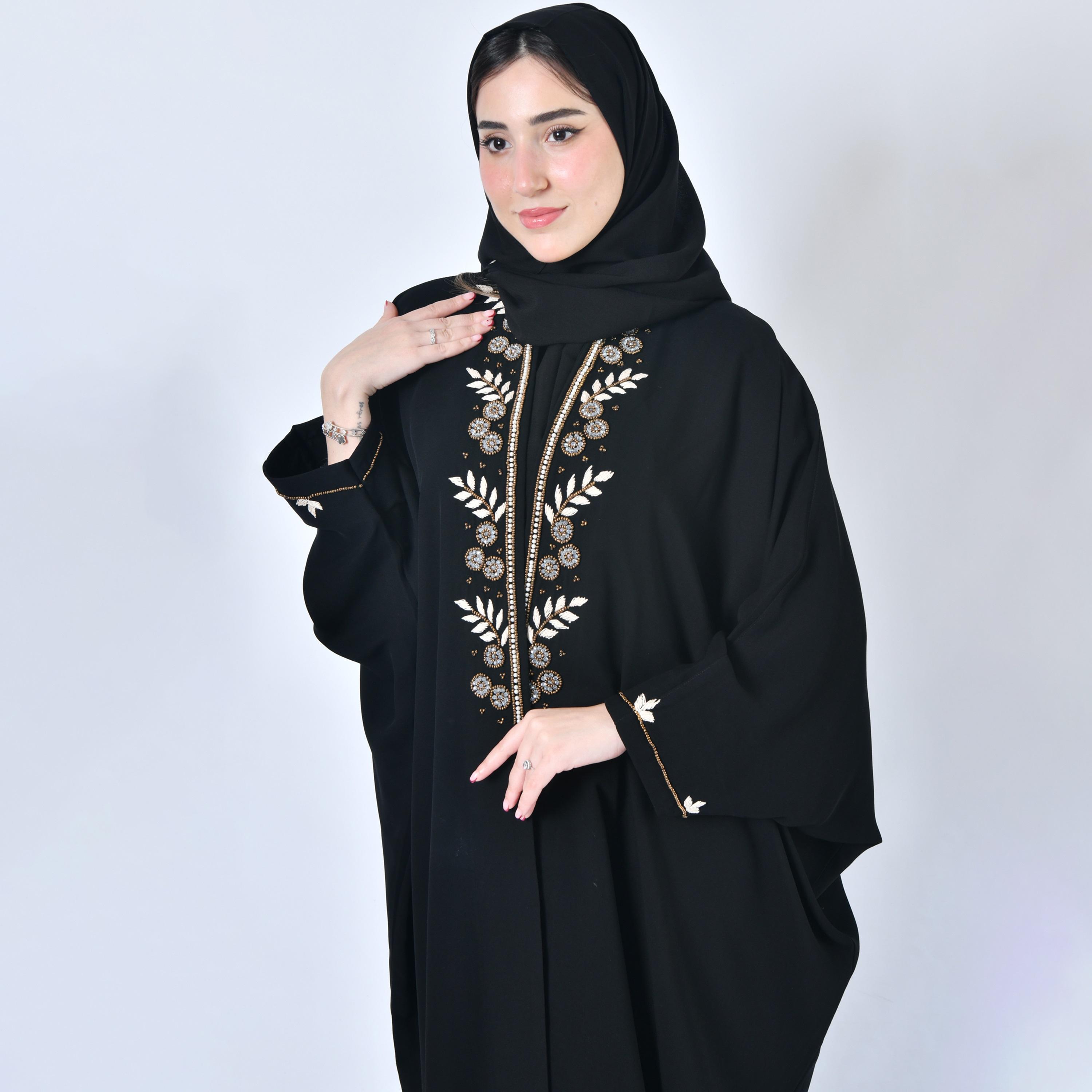 Hawraa Embroidered and Beaded Black Bisht Abaya with Hijab-women-arabicclothing-abayas-image-2