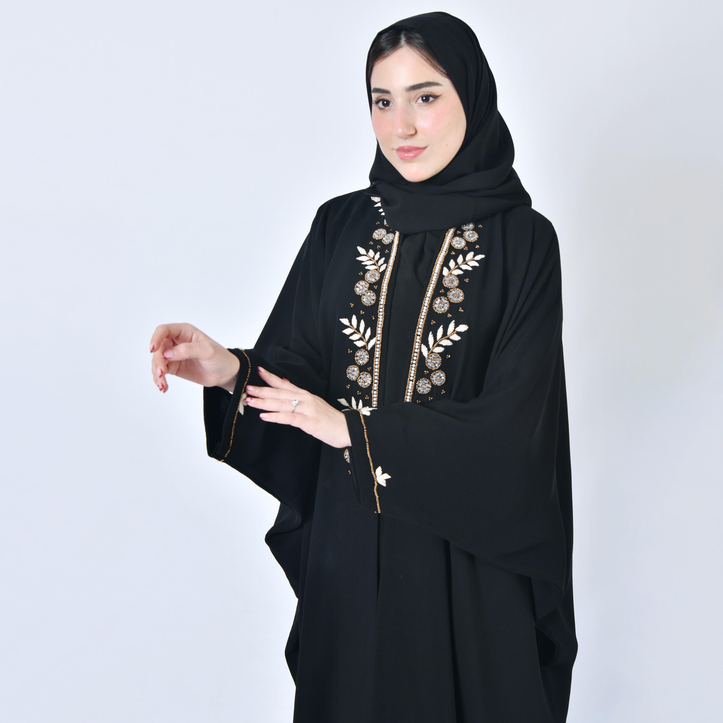 Hawraa Embroidered and Beaded Black Bisht Abaya with Hijab-women-arabicclothing-abayas-image-3