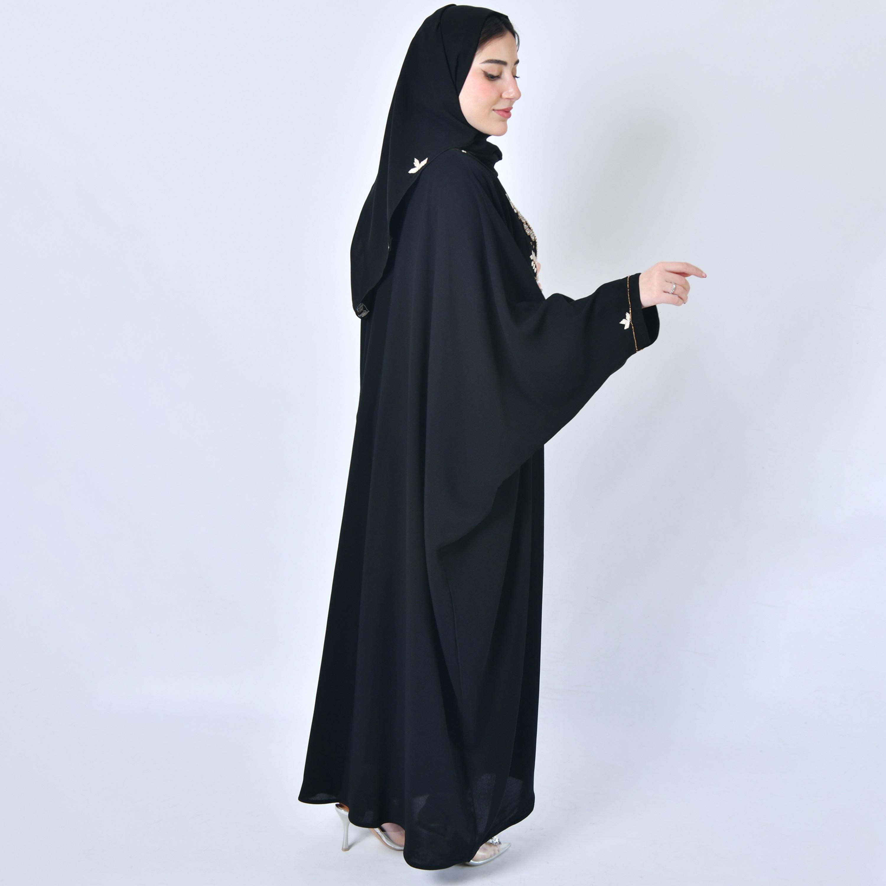 Hawraa Embroidered and Beaded Black Bisht Abaya with Hijab-women-arabicclothing-abayas-image-4
