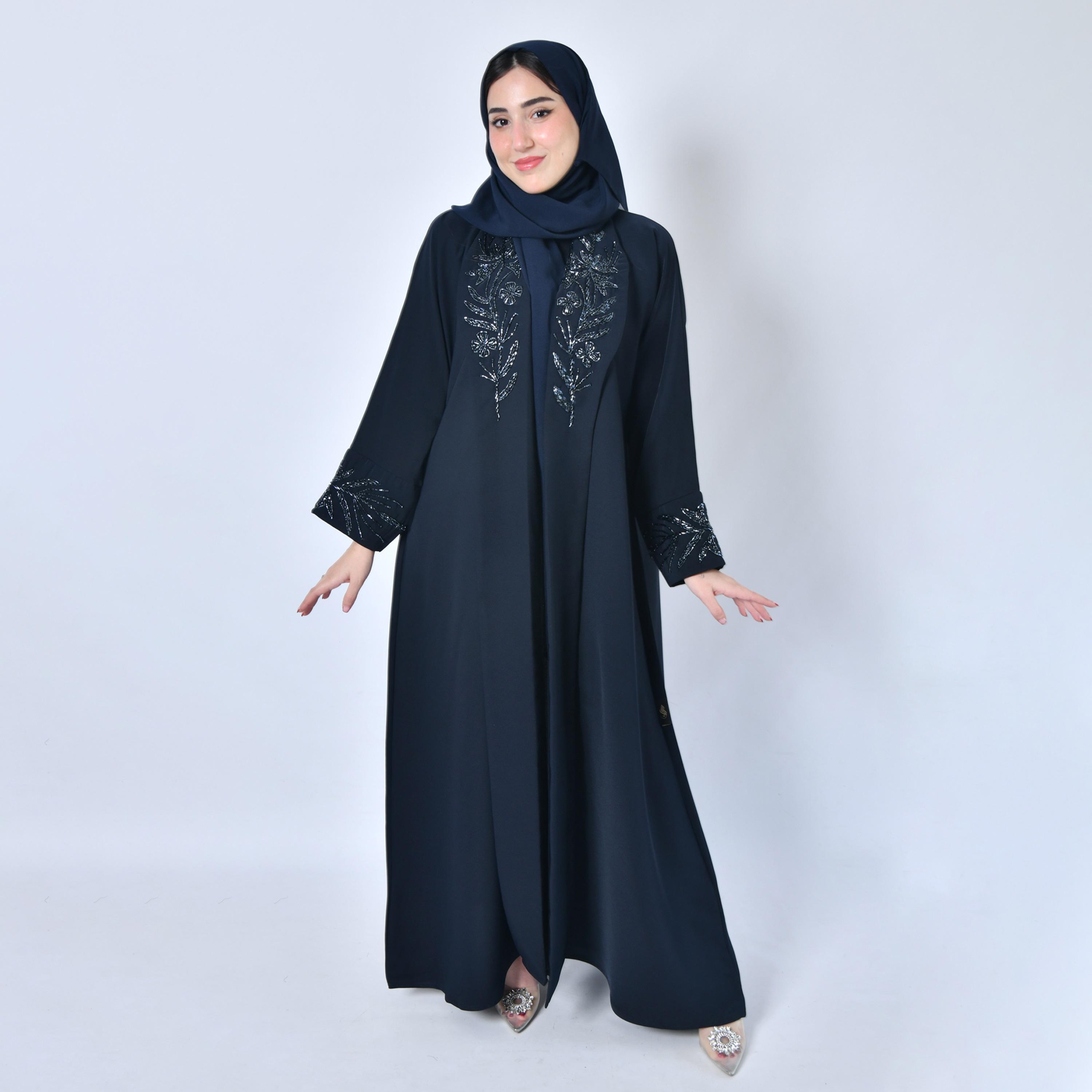 Hawraa Hand Beaded Coat Style Abaya with Hijab-women-arabicclothing-abayas-image-1