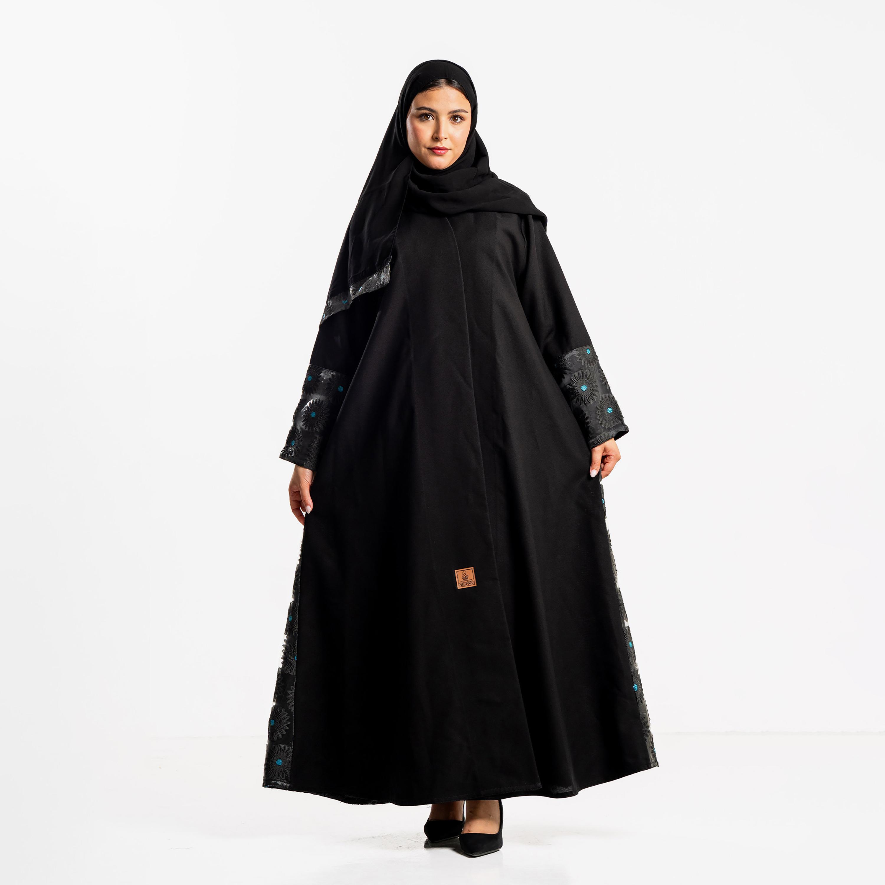 Zahiyh Black Floral Embroidered Dual Tone Sleeves Women's Evening Abaya with Hijab-women-arabicclothing-abayas-image-1