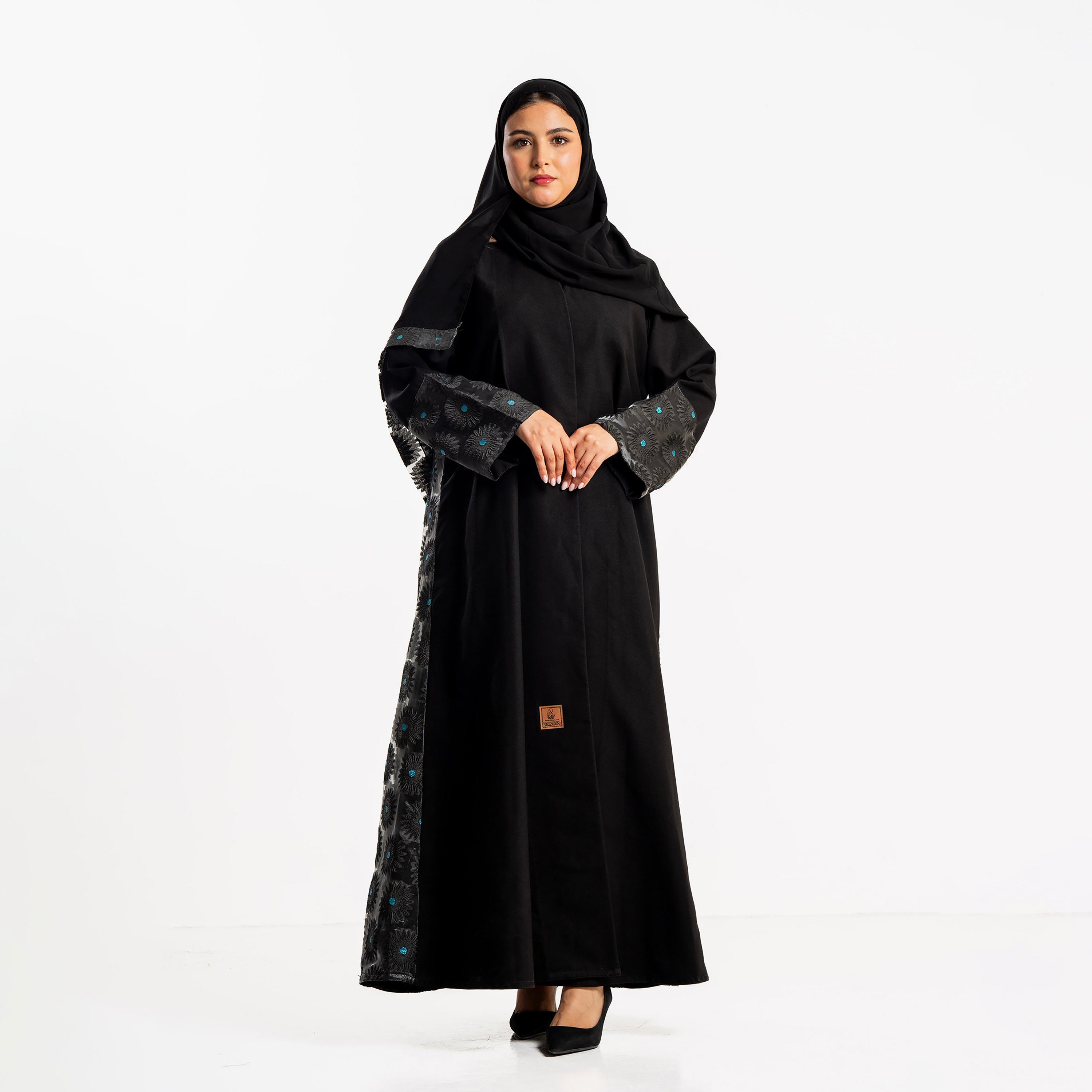 Zahiyh Black Floral Embroidered Dual Tone Sleeves Women's Evening Abaya with Hijab-women-arabicclothing-abayas-image-2