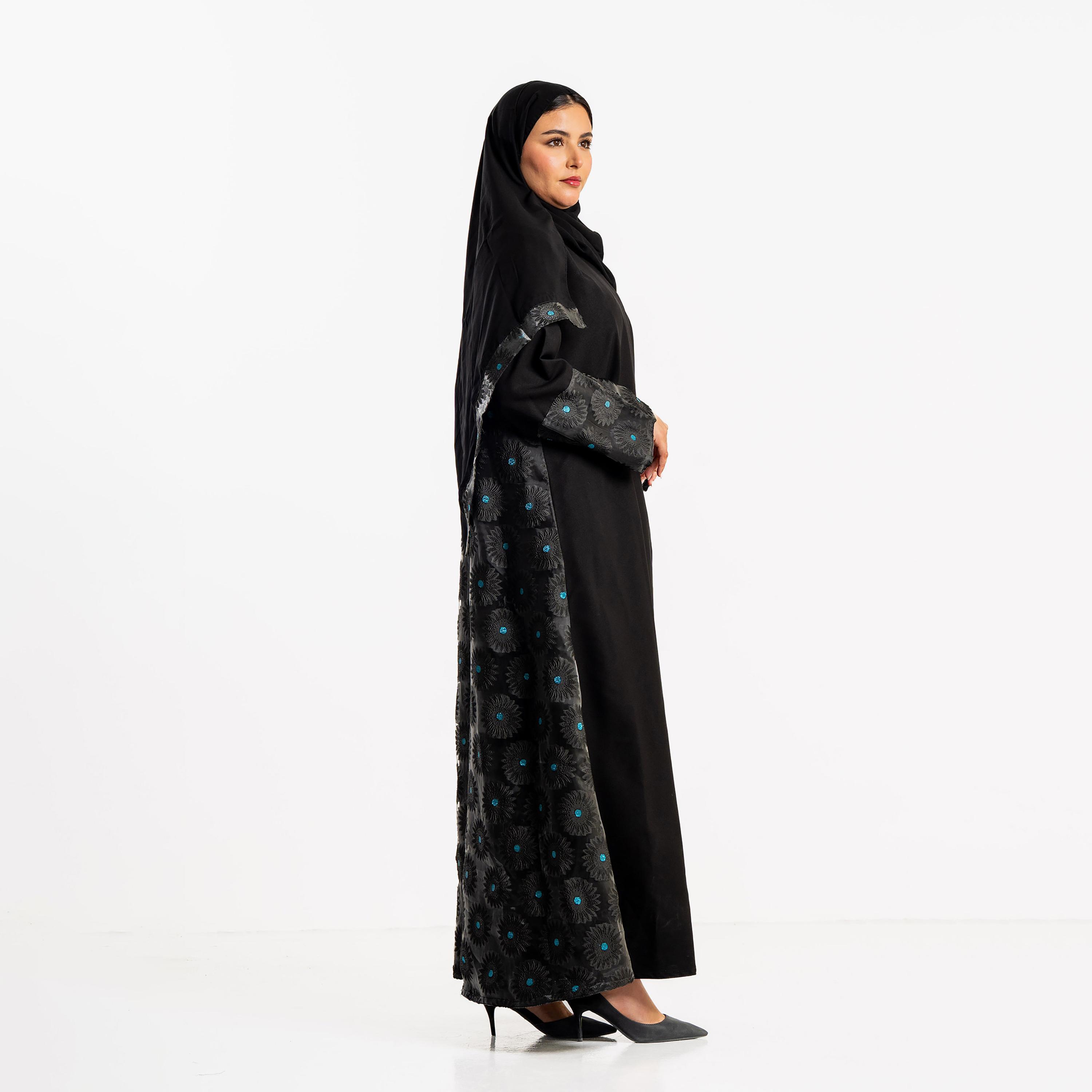 Zahiyh Black Floral Embroidered Dual Tone Sleeves Women's Evening Abaya with Hijab-women-arabicclothing-abayas-image-3