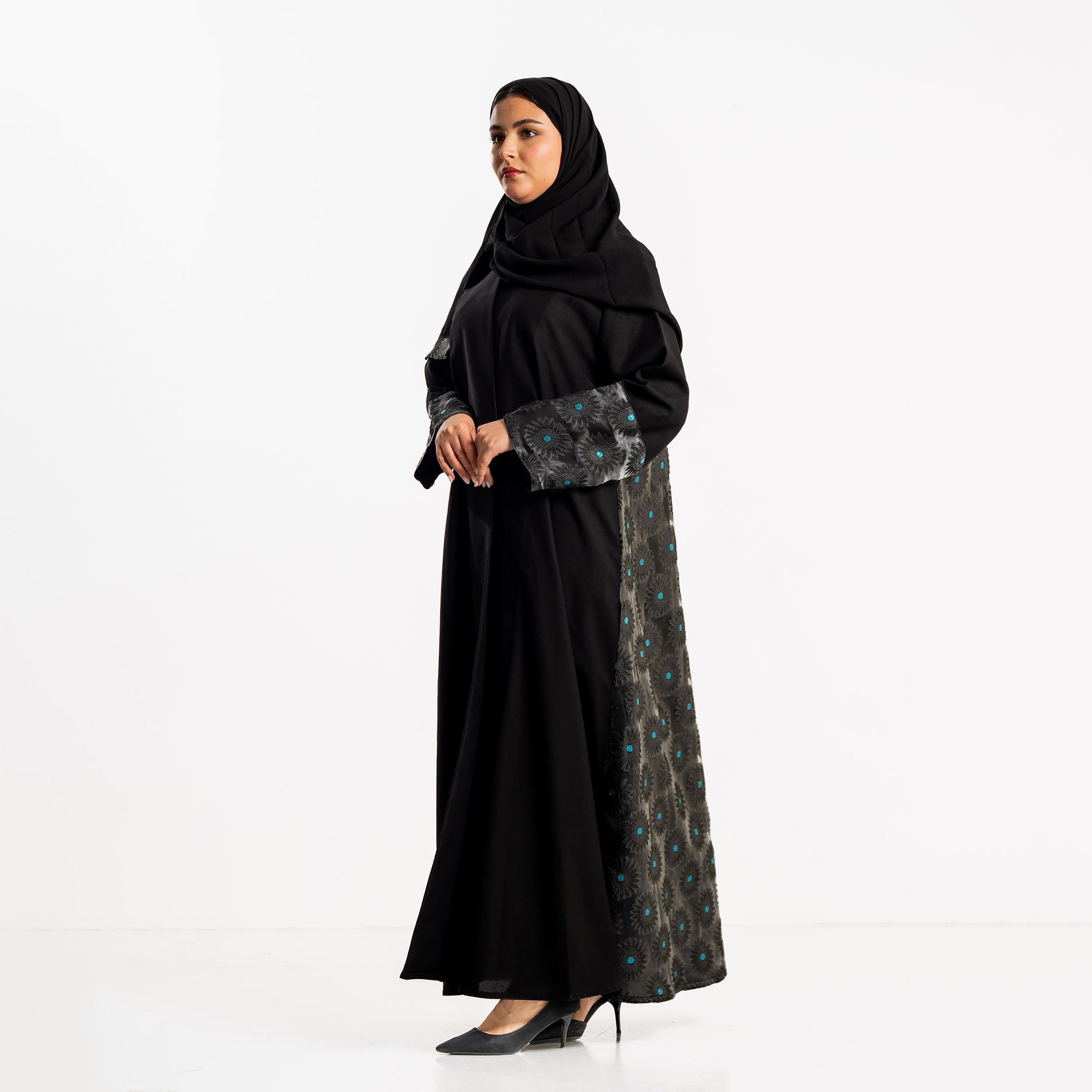 Zahiyh Black Floral Embroidered Dual Tone Sleeves Women's Evening Abaya with Hijab-women-arabicclothing-abayas-image-4