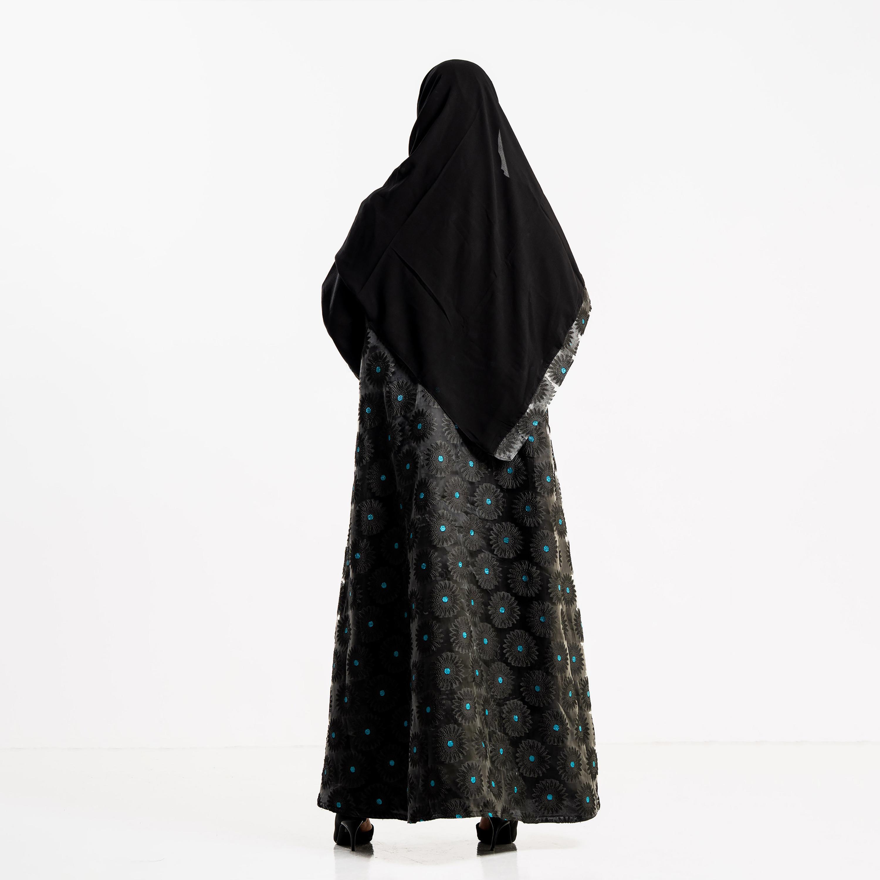 Zahiyh Black Floral Embroidered Dual Tone Sleeves Women's Evening Abaya with Hijab-women-arabicclothing-abayas-image-5