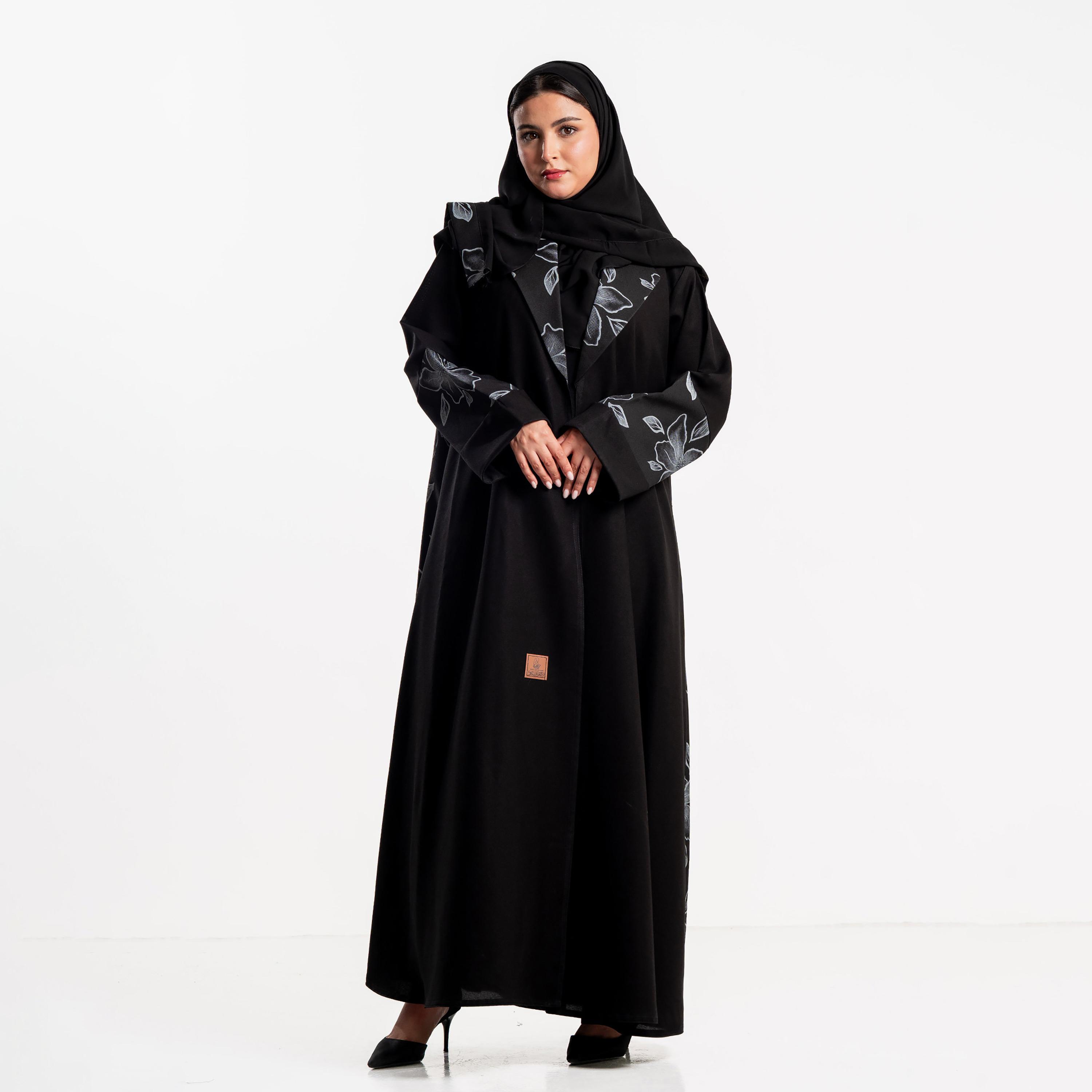 Zahiyh Black Floral Print Dual Tone Sleeves Women's Abaya with Hijab-women-arabicclothing-abayas-image-1