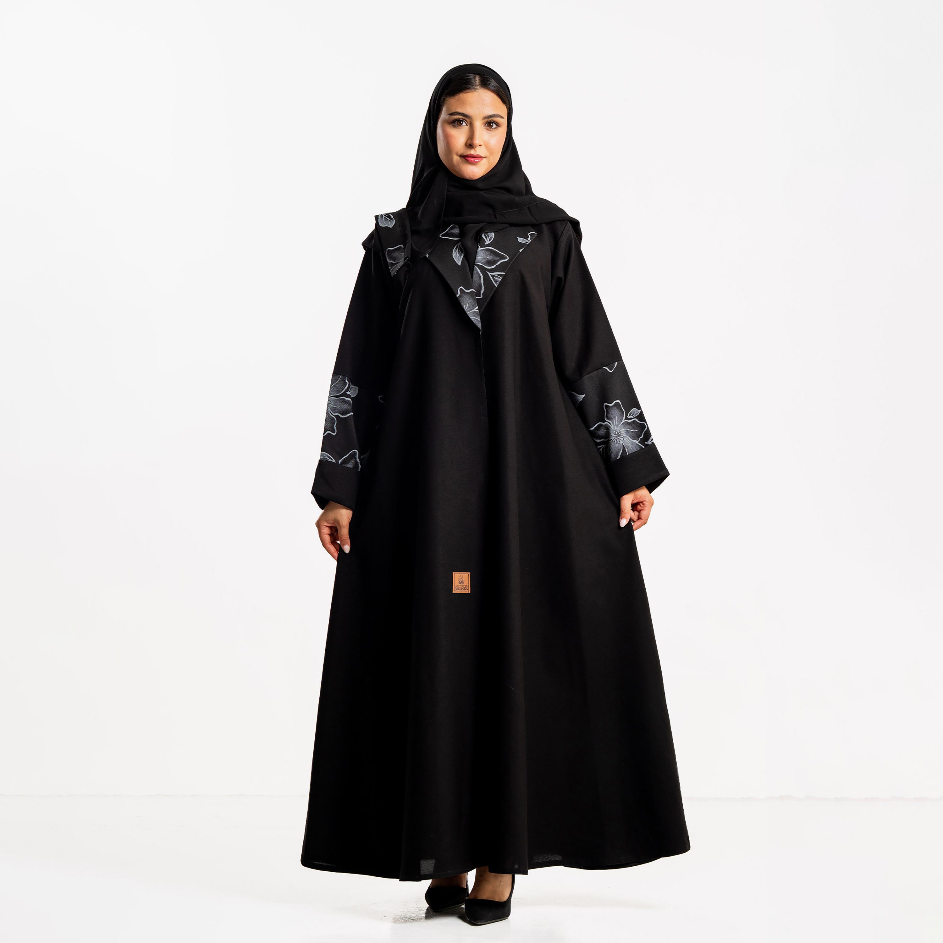 Zahiyh Black Floral Print Dual Tone Sleeves Women's Abaya with Hijab-women-arabicclothing-abayas-image-2