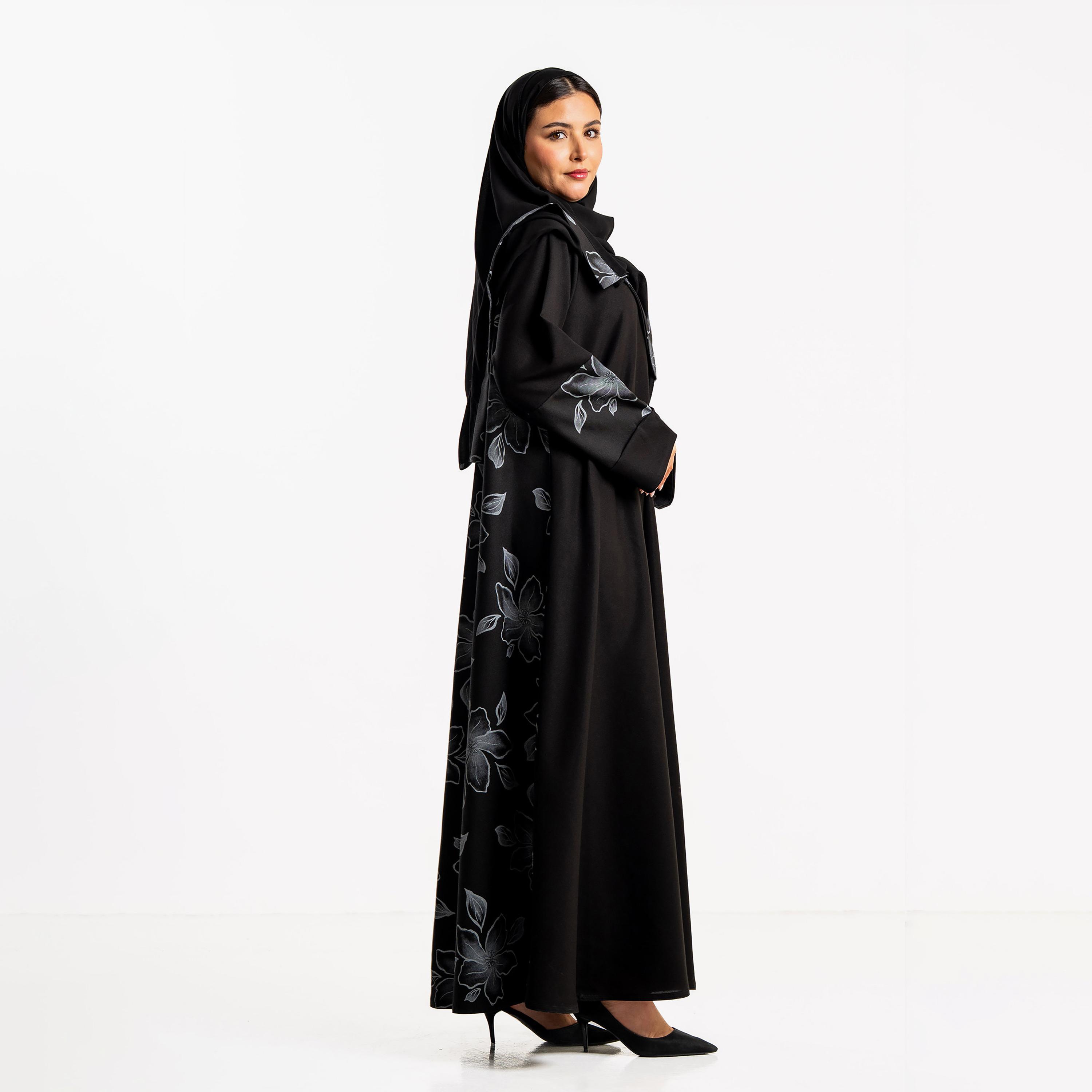 Zahiyh Black Floral Print Dual Tone Sleeves Women's Abaya with Hijab-women-arabicclothing-abayas-image-3