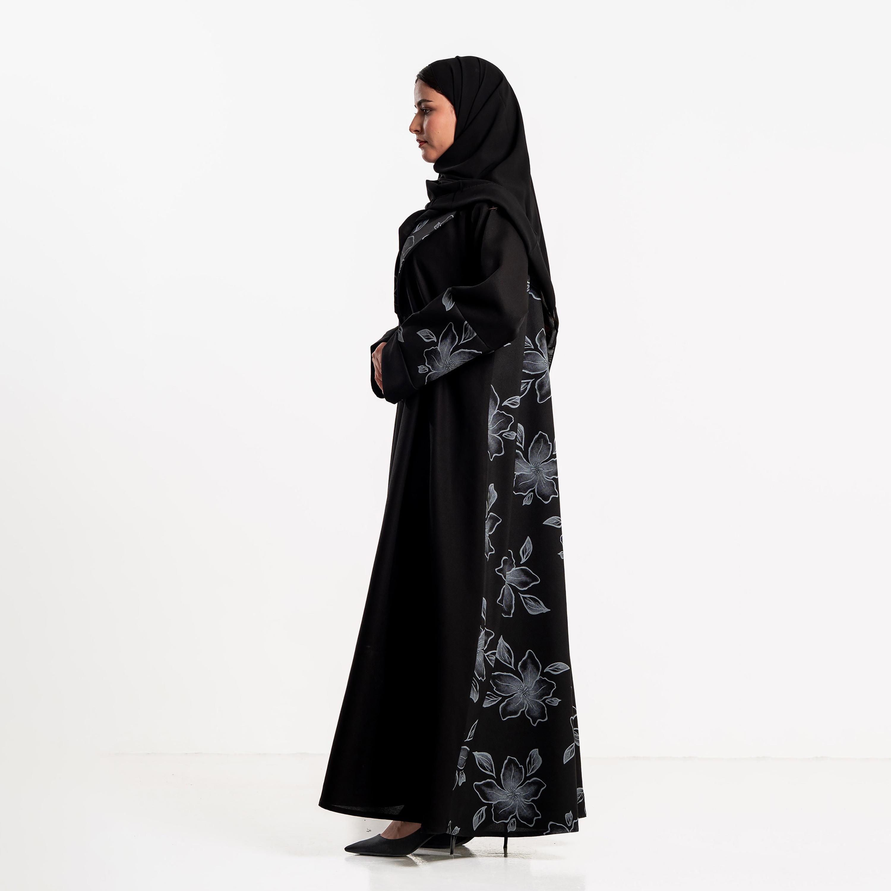 Zahiyh Black Floral Print Dual Tone Sleeves Women's Abaya with Hijab-women-arabicclothing-abayas-image-4