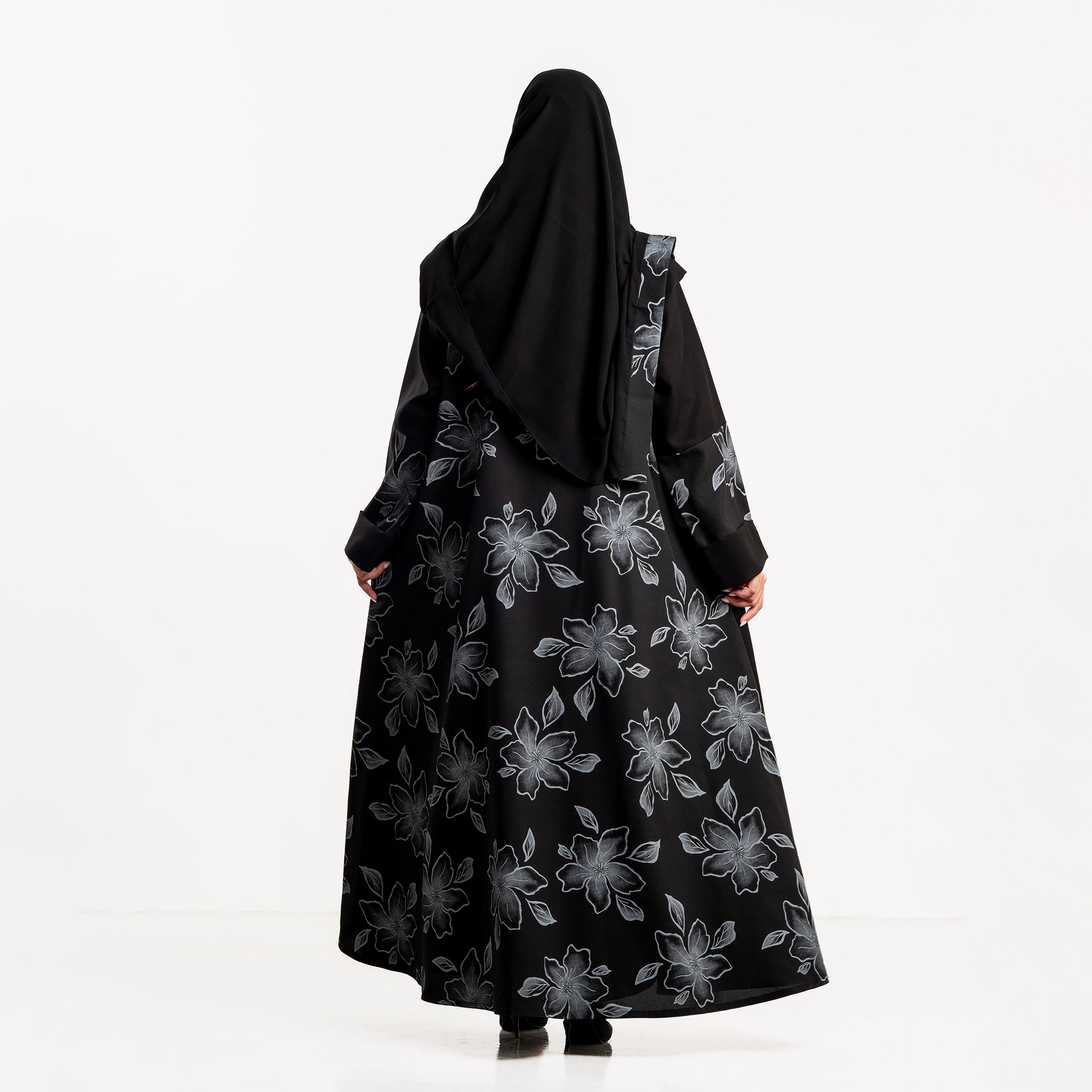 Zahiyh Black Floral Print Dual Tone Sleeves Women's Abaya with Hijab-women-arabicclothing-abayas-image-5