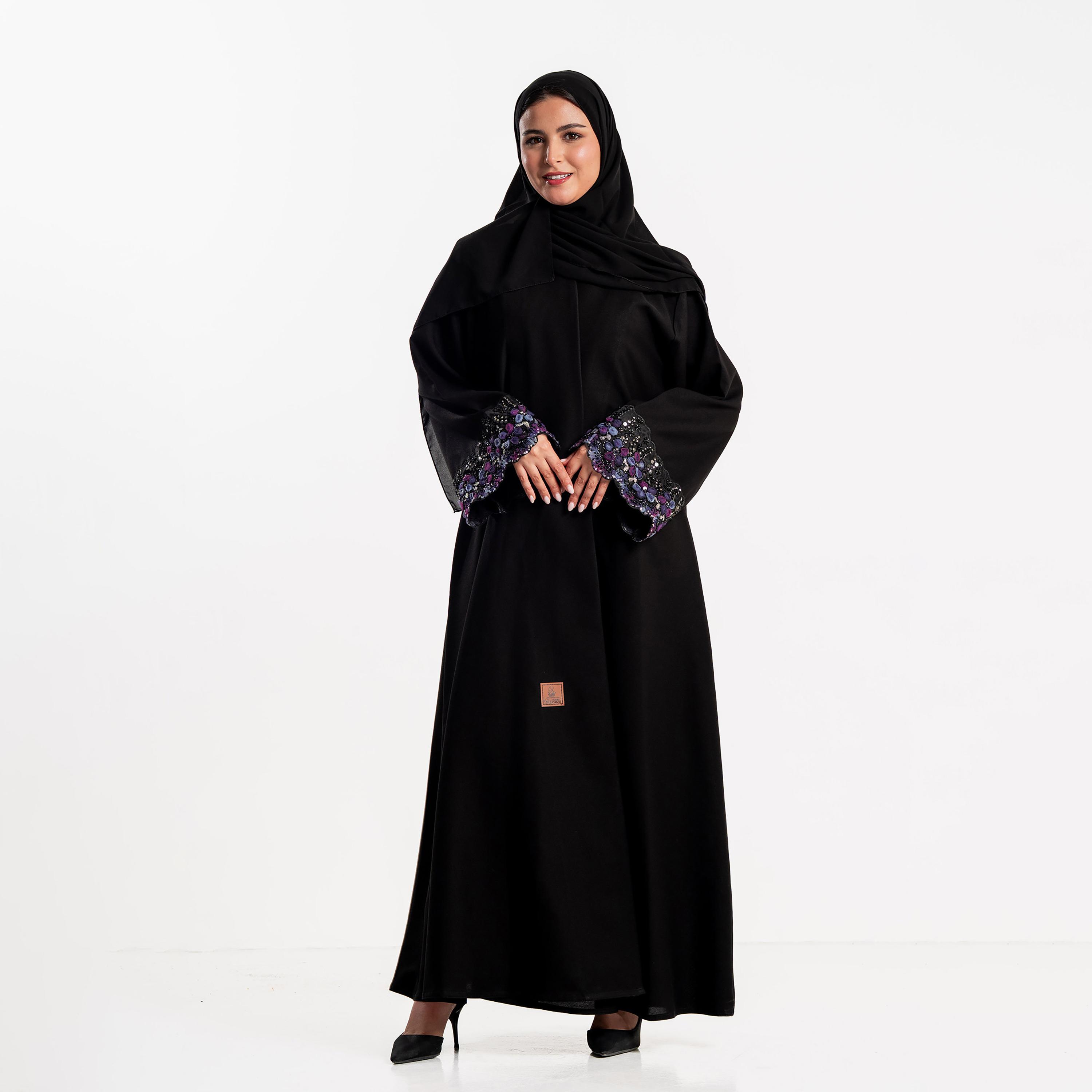 Zahiyh Black Beaded Cuff Wide Sleeves Women's Abaya with Hijab-women-arabicclothing-abayas-image-1