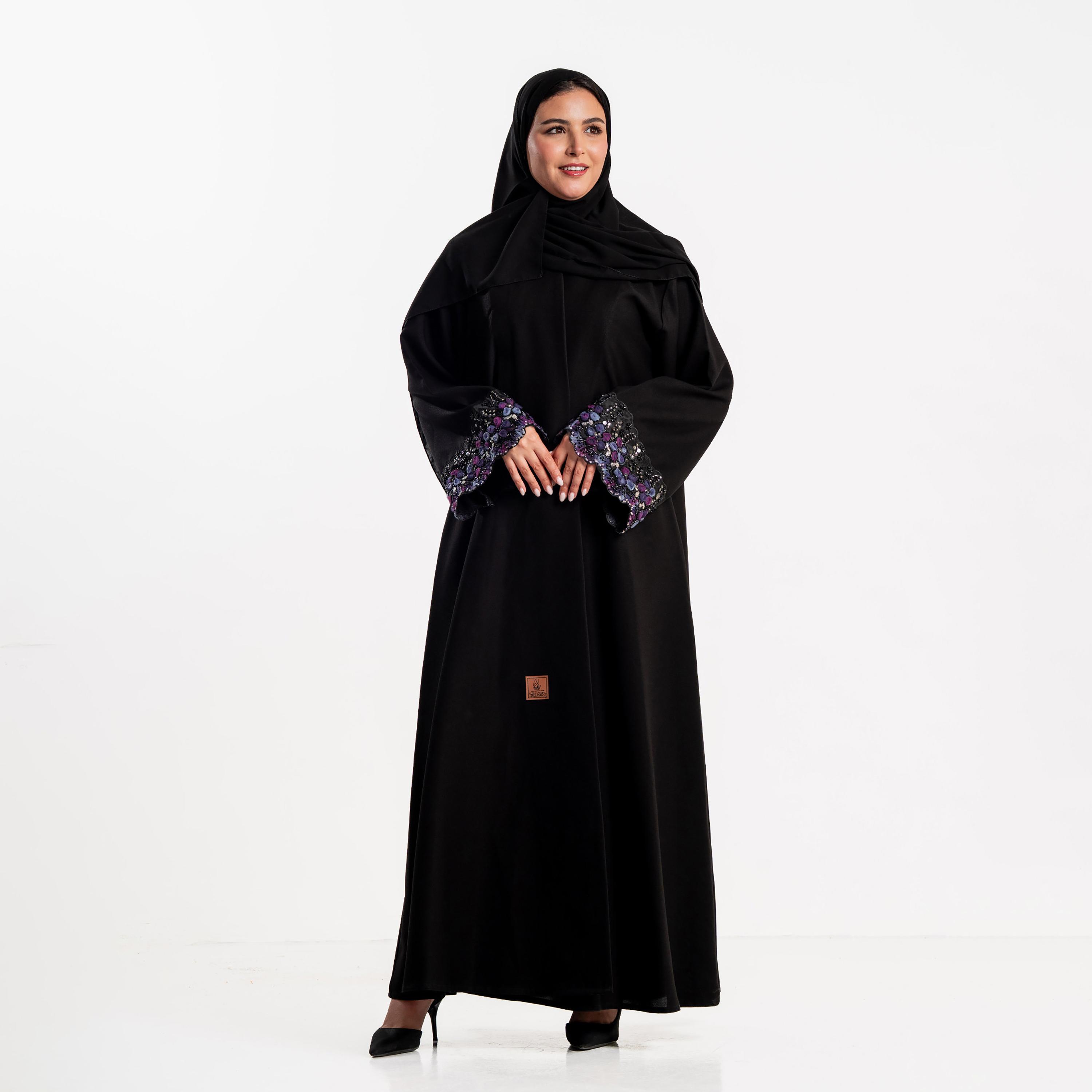 Zahiyh Black Beaded Cuff Wide Sleeves Women's Abaya with Hijab-women-arabicclothing-abayas-image-2